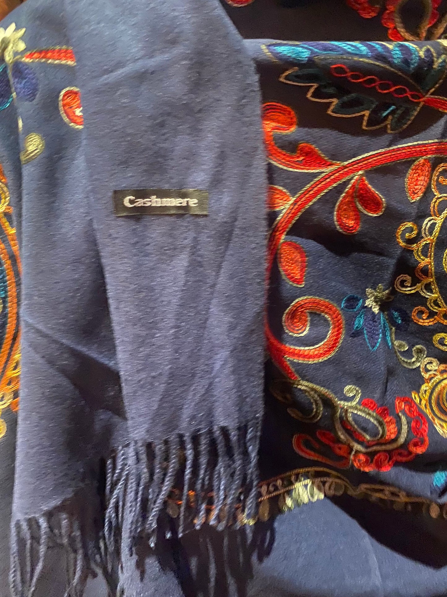 Vintage Navy Blue Cashmere Pashmina Scarf Wrap Paisley Embroidered