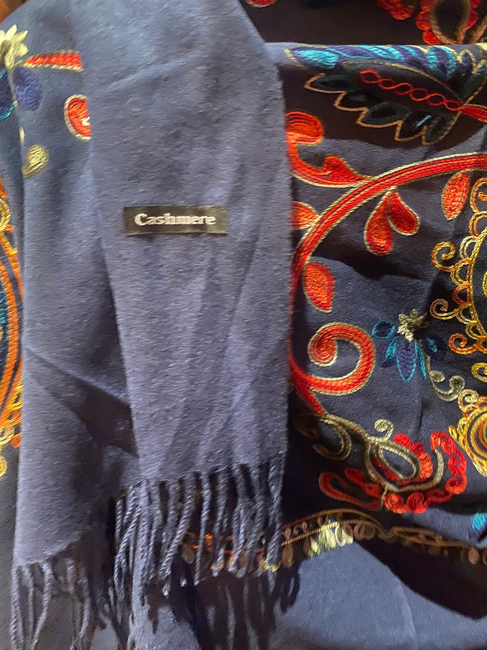Vintage Navy Blue Cashmere Pashmina Scarf Wrap Paisley Embroidered