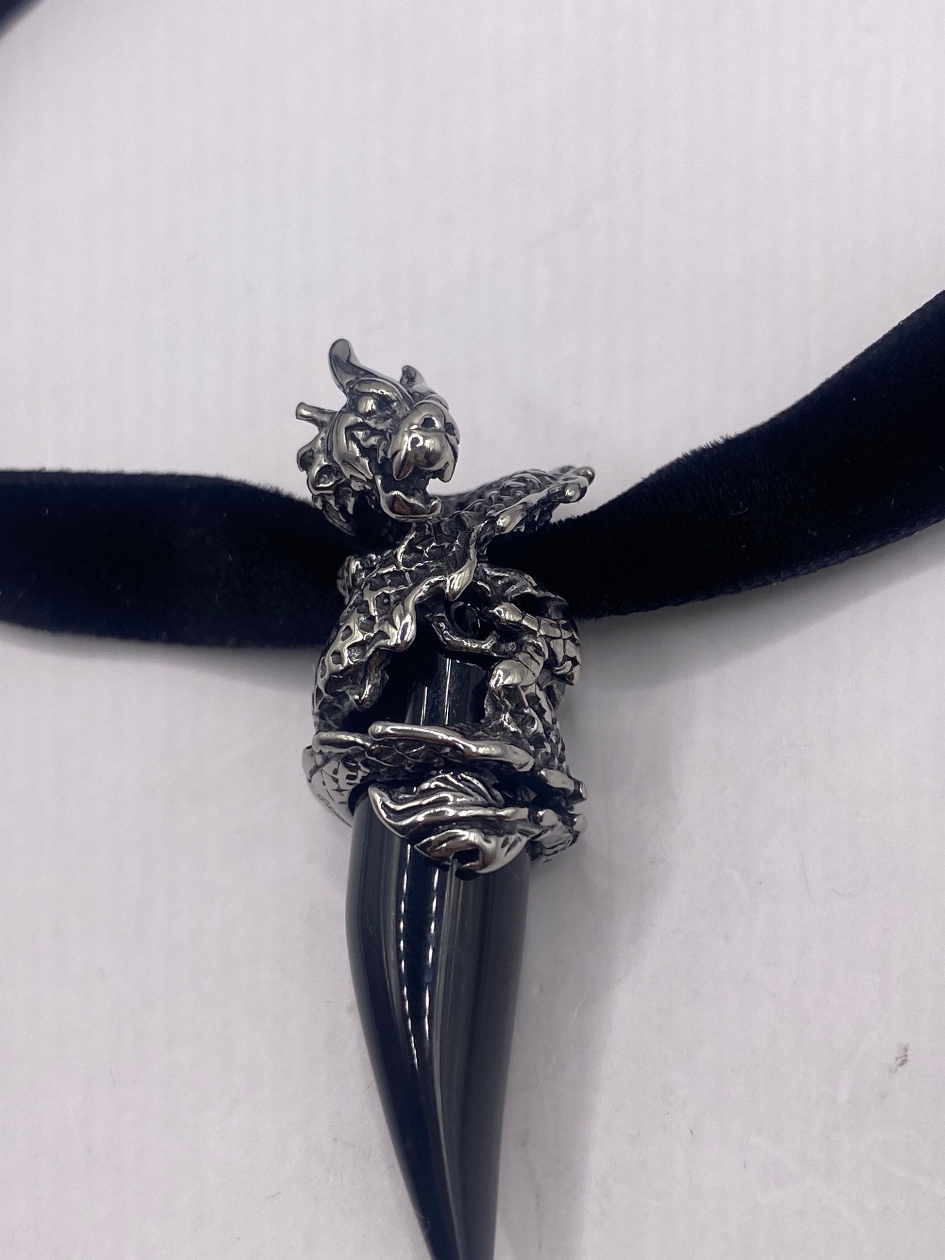 Vintage Stainless Steel Black Onyx Dragon Amulet Pendant