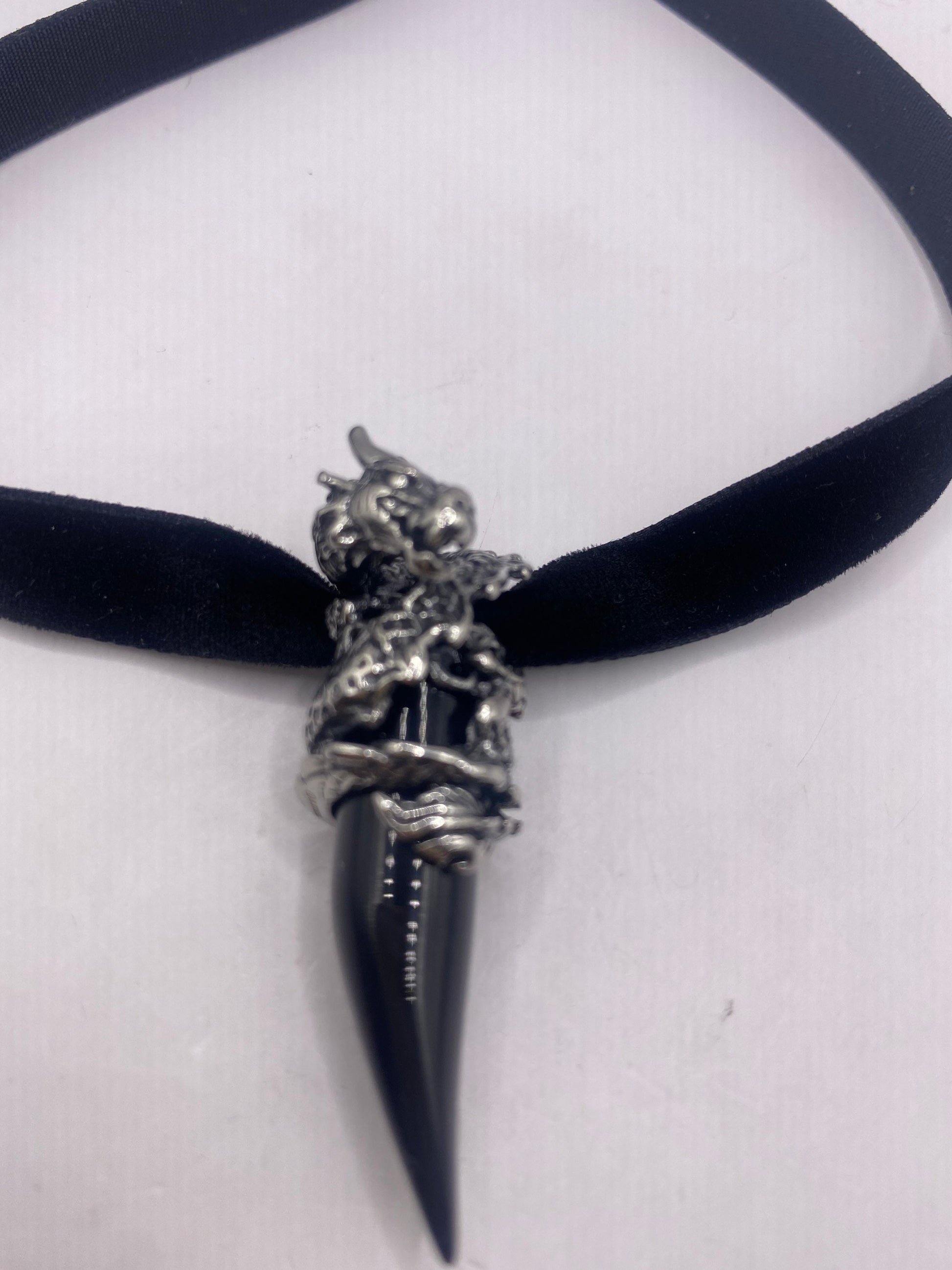 Vintage Stainless Steel Black Onyx Dragon Amulet Pendant