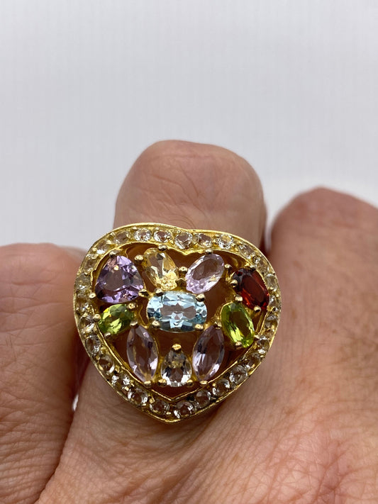 Vintage Mixed Genuine Gemstones 925 Sterling Silver Heart Cocktail Ring
