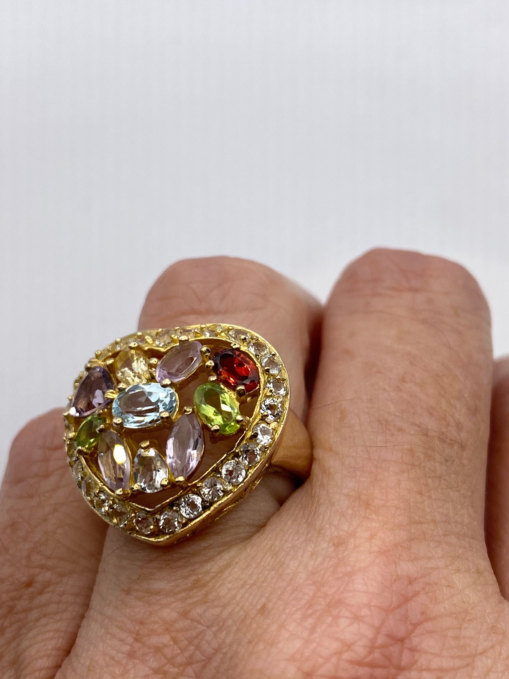 Vintage Mixed Genuine Gemstones 925 Sterling Silver Heart Cocktail Ring