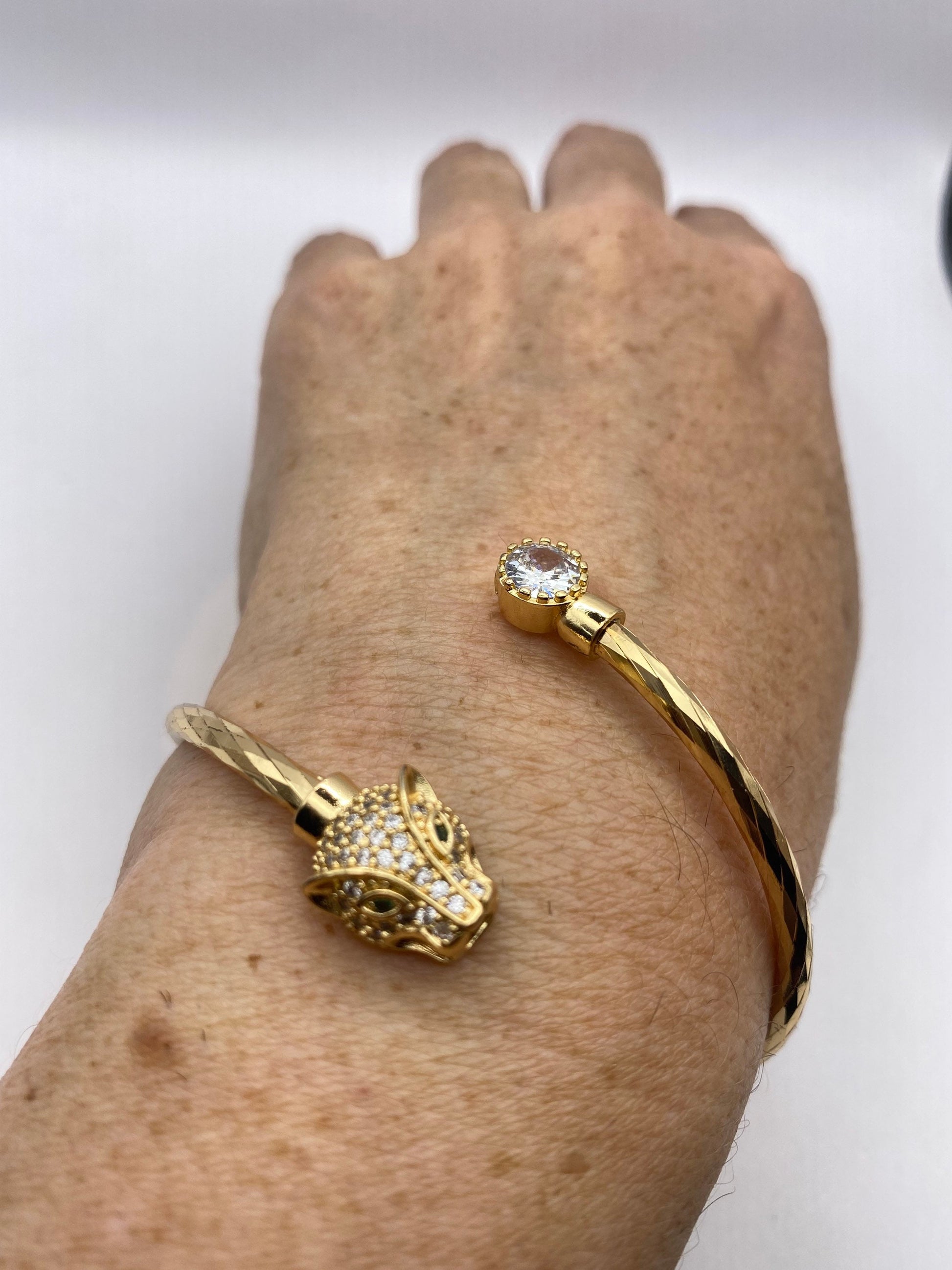 Vintage Cougar Cat Bangle Bracelet Gold filled Green Crystal Eyes