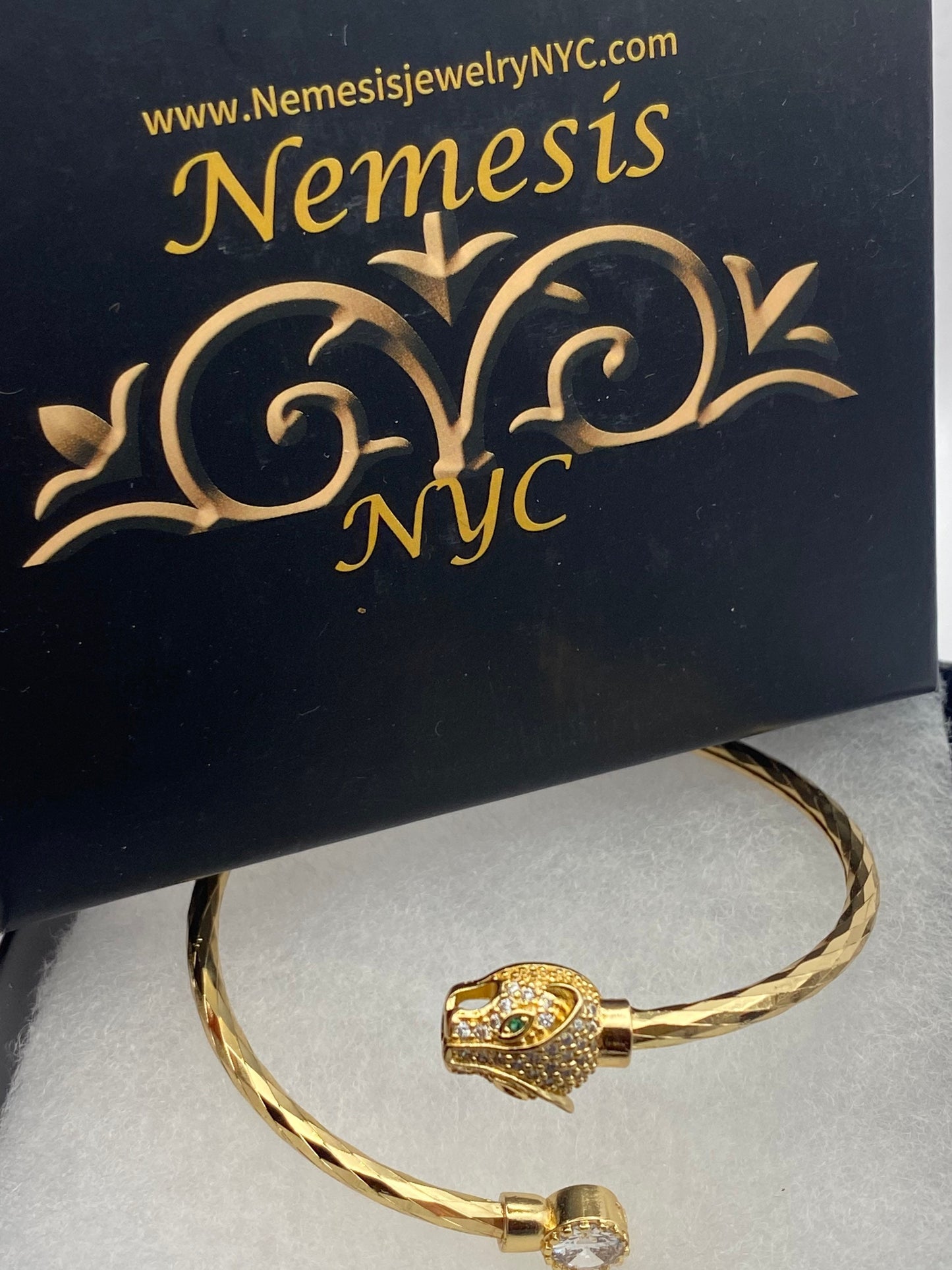 Vintage Cougar Cat Bangle Bracelet Gold filled Green Crystal Eyes