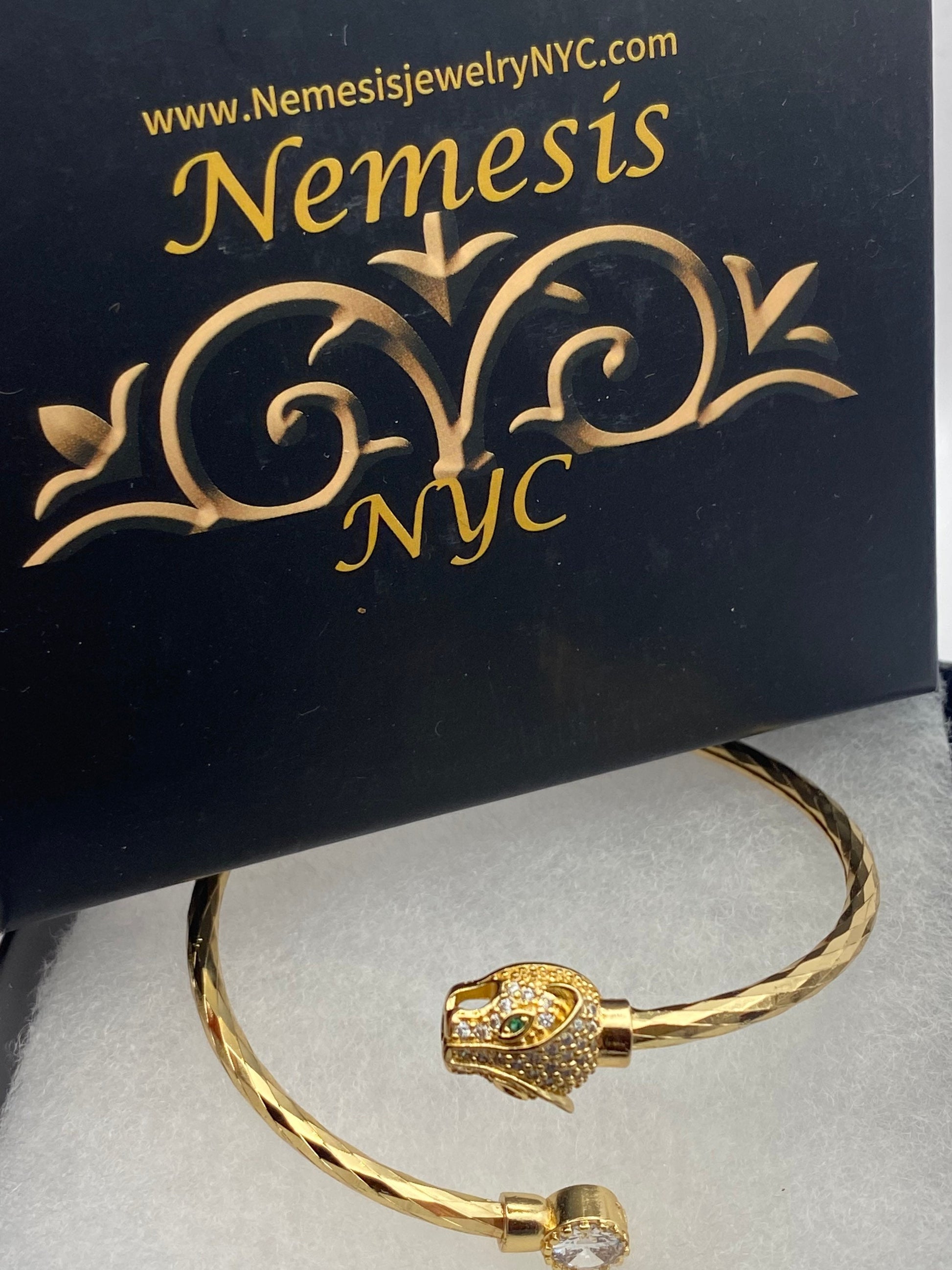 Vintage Cougar Cat Bangle Bracelet Gold filled Green Crystal Eyes
