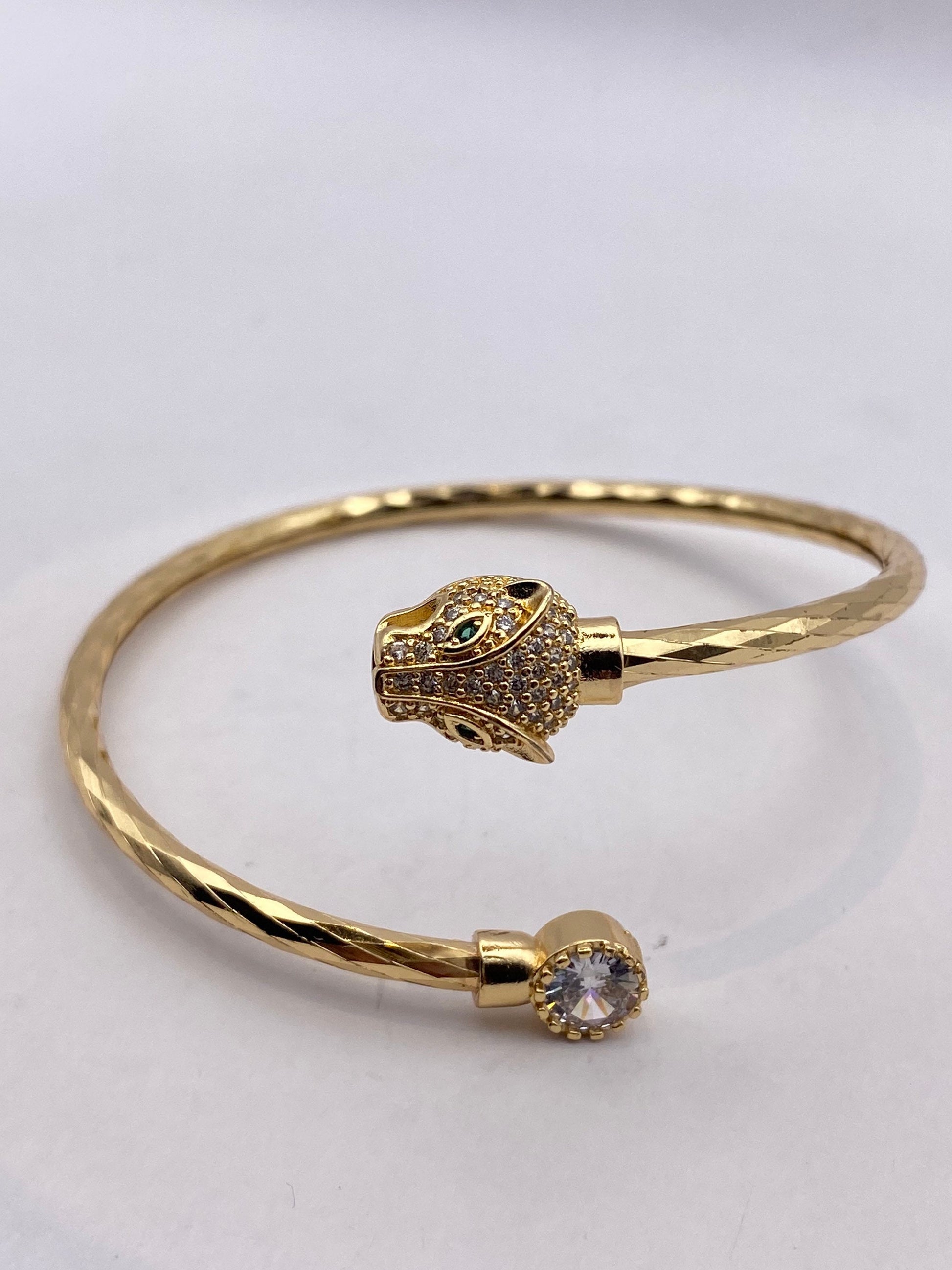 Vintage Cougar Cat Bangle Bracelet Gold filled Green Crystal Eyes