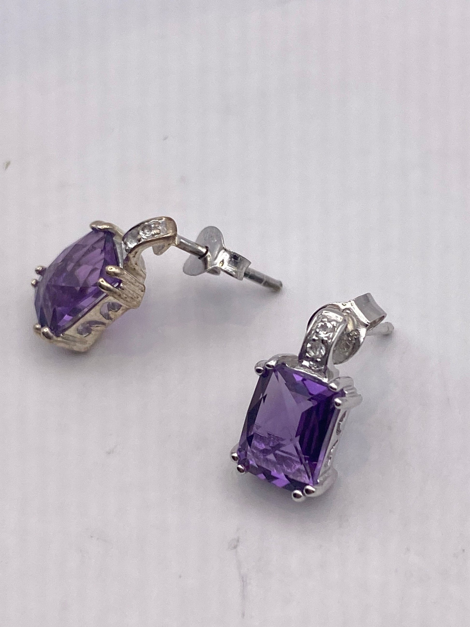Vintage Purple Amethyst Earrings 925 Sterling Silver Studs
