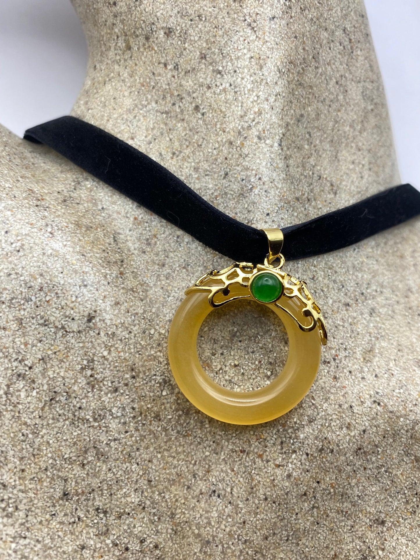 Vintage Butterscotch and Green Jade Choker Gold Finish Necklace Pendant