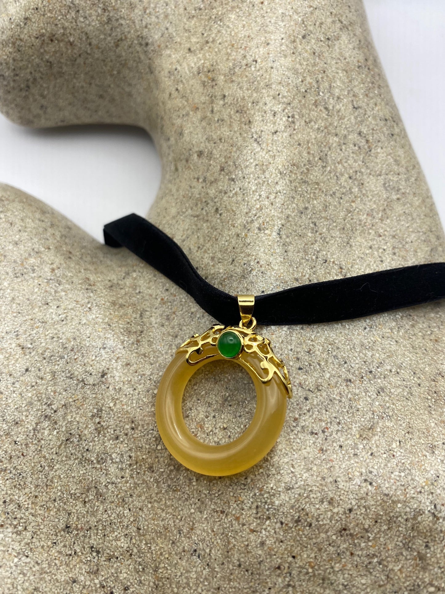 Vintage Butterscotch and Green Jade Choker Gold Finish Necklace Pendant