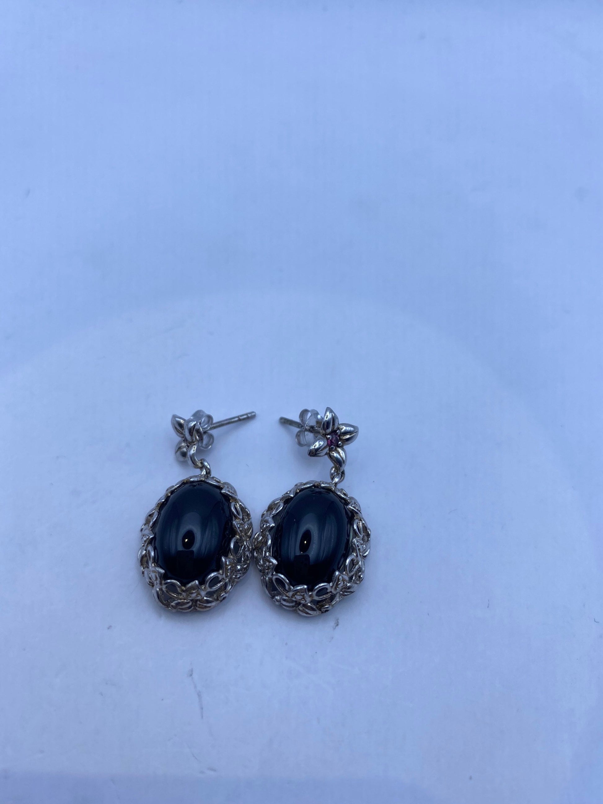 Vintage Black Onyx 925 Sterling Silver Deco Chandelier Earrings