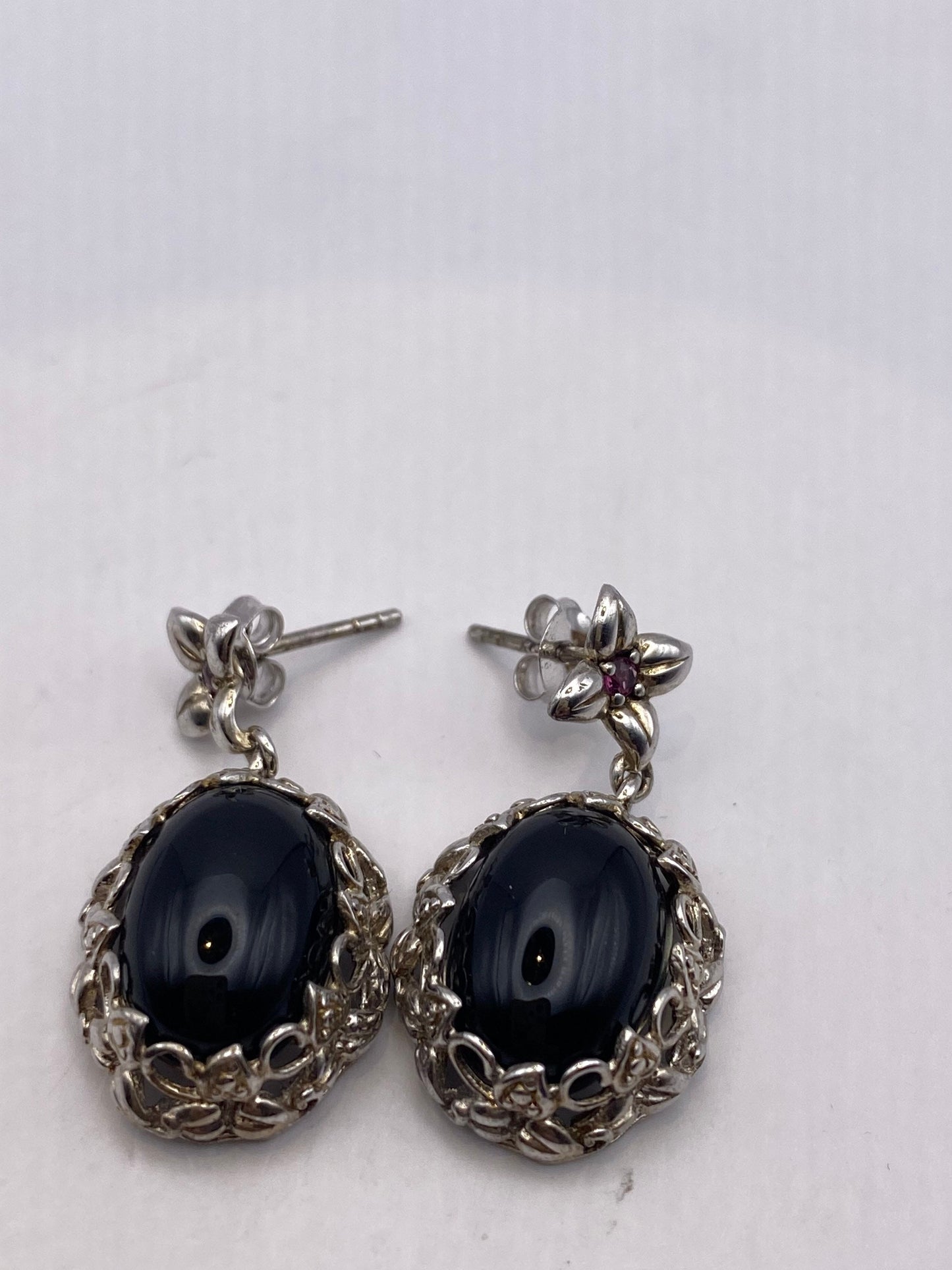 Vintage Black Onyx 925 Sterling Silver Deco Chandelier Earrings