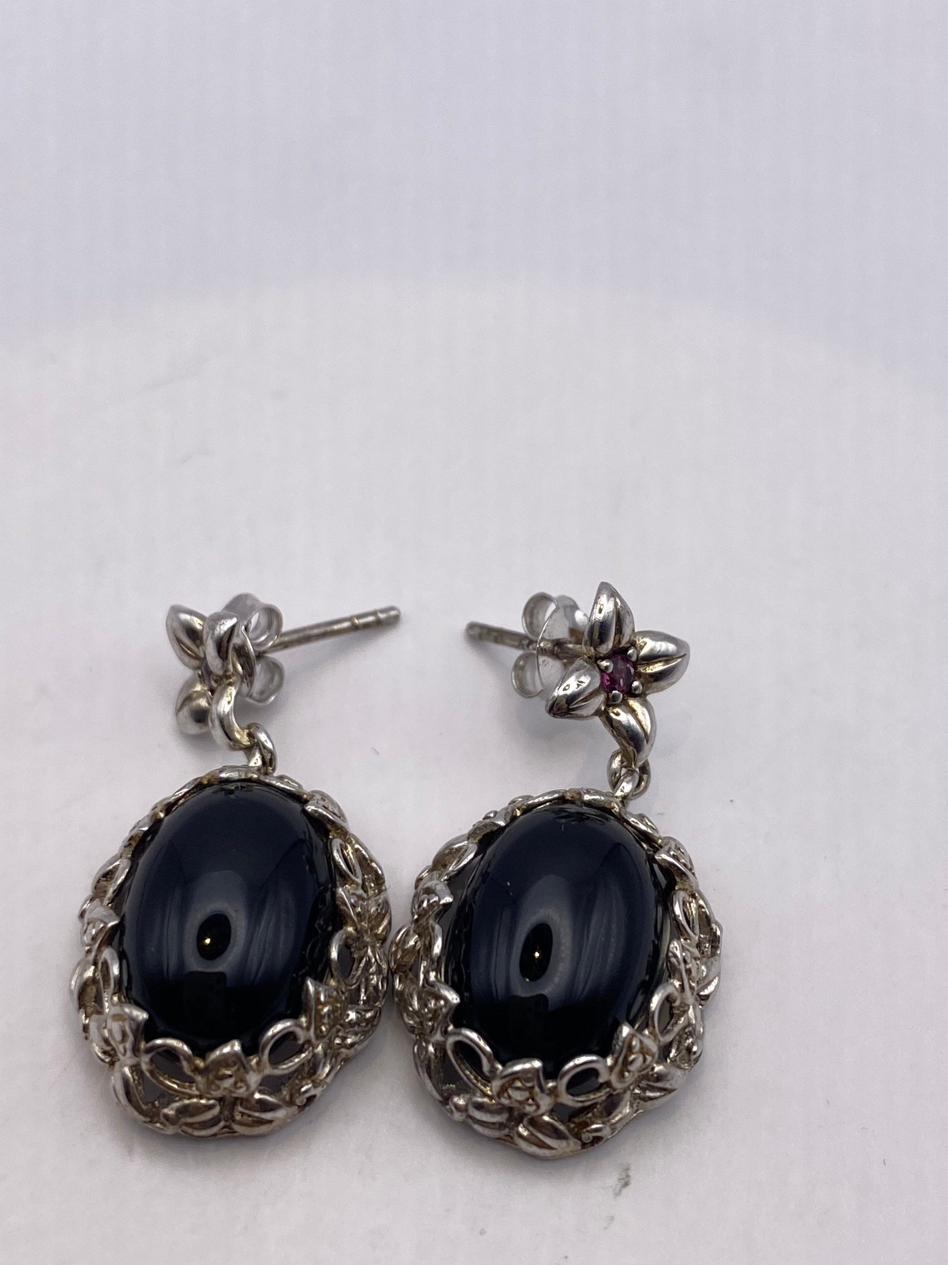 Vintage Black Onyx 925 Sterling Silver Deco Chandelier Earrings