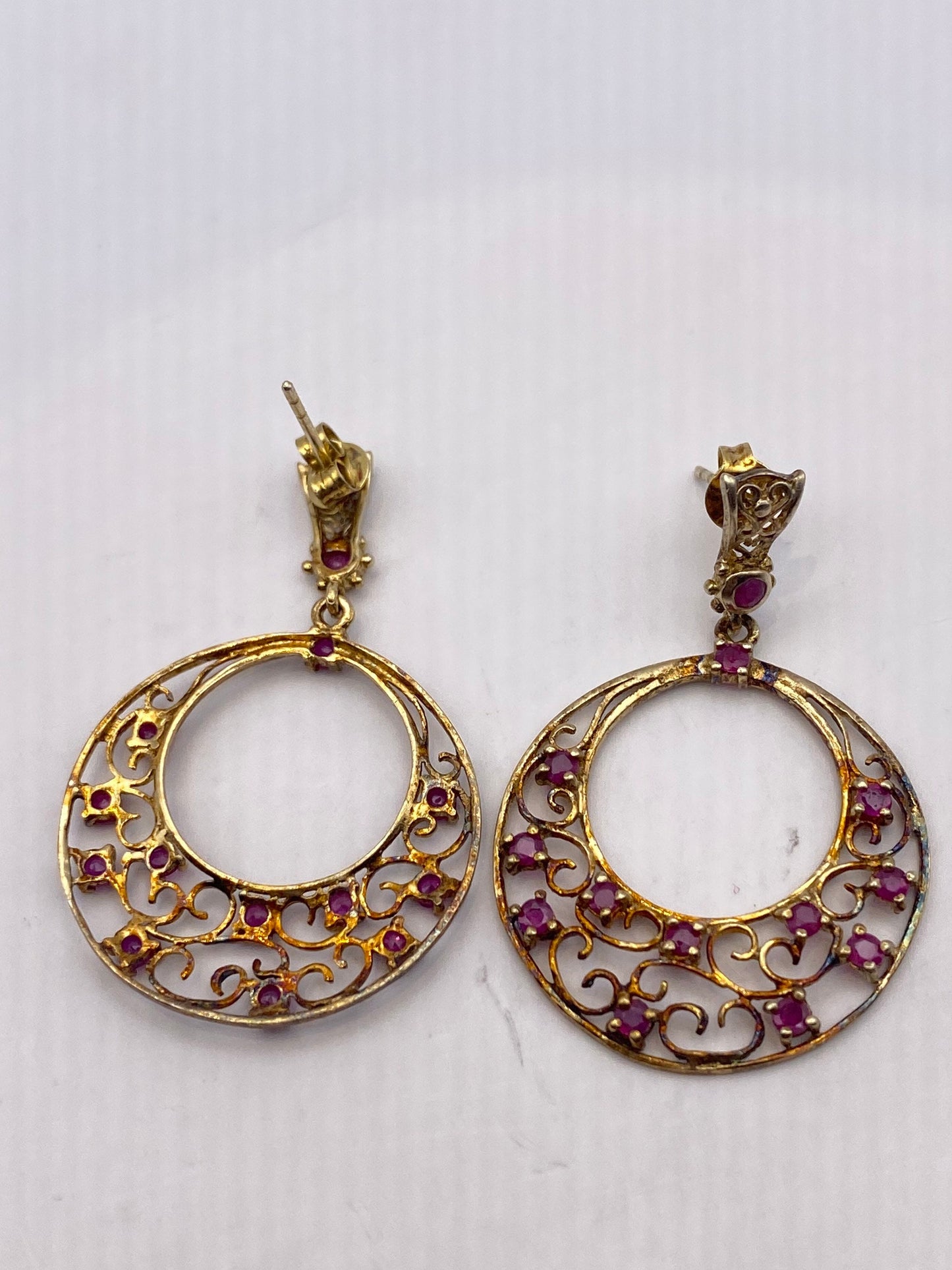 Vintage 925 Sterling Silver Deep Pink Ruby Earrings