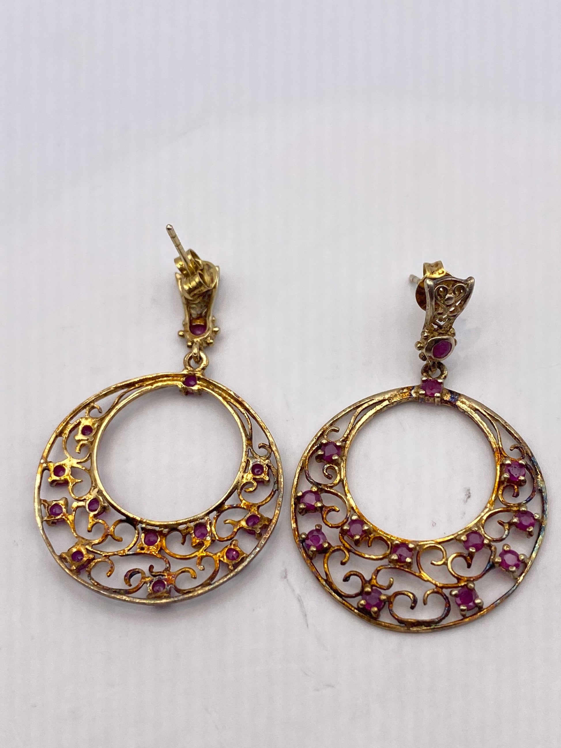 Vintage 925 Sterling Silver Deep Pink Ruby Earrings