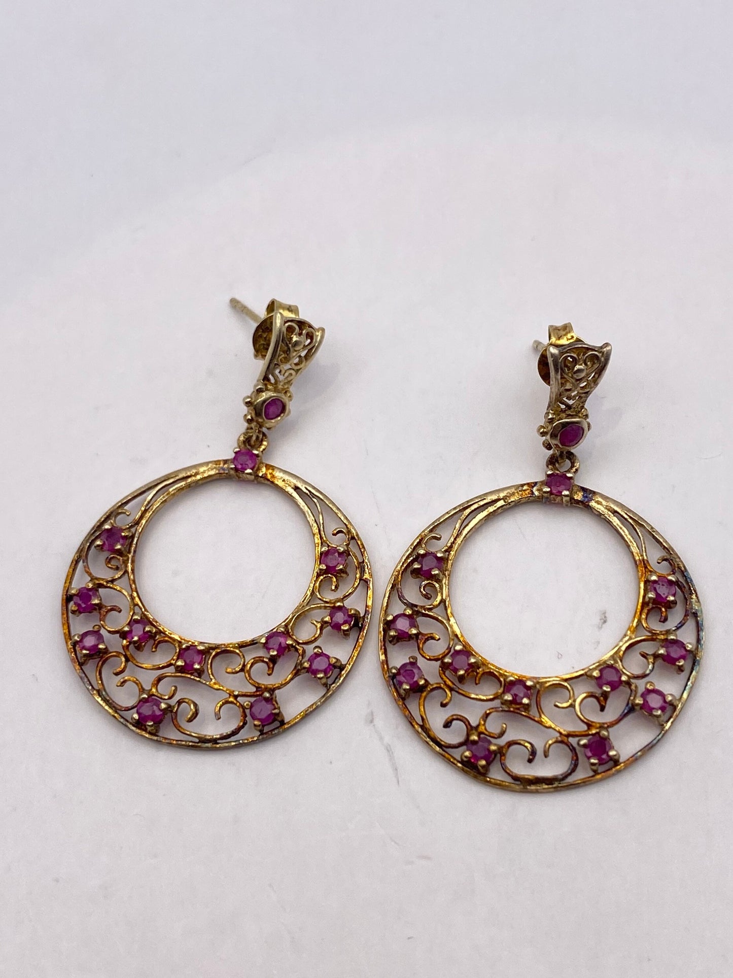 Vintage 925 Sterling Silver Deep Pink Ruby Earrings