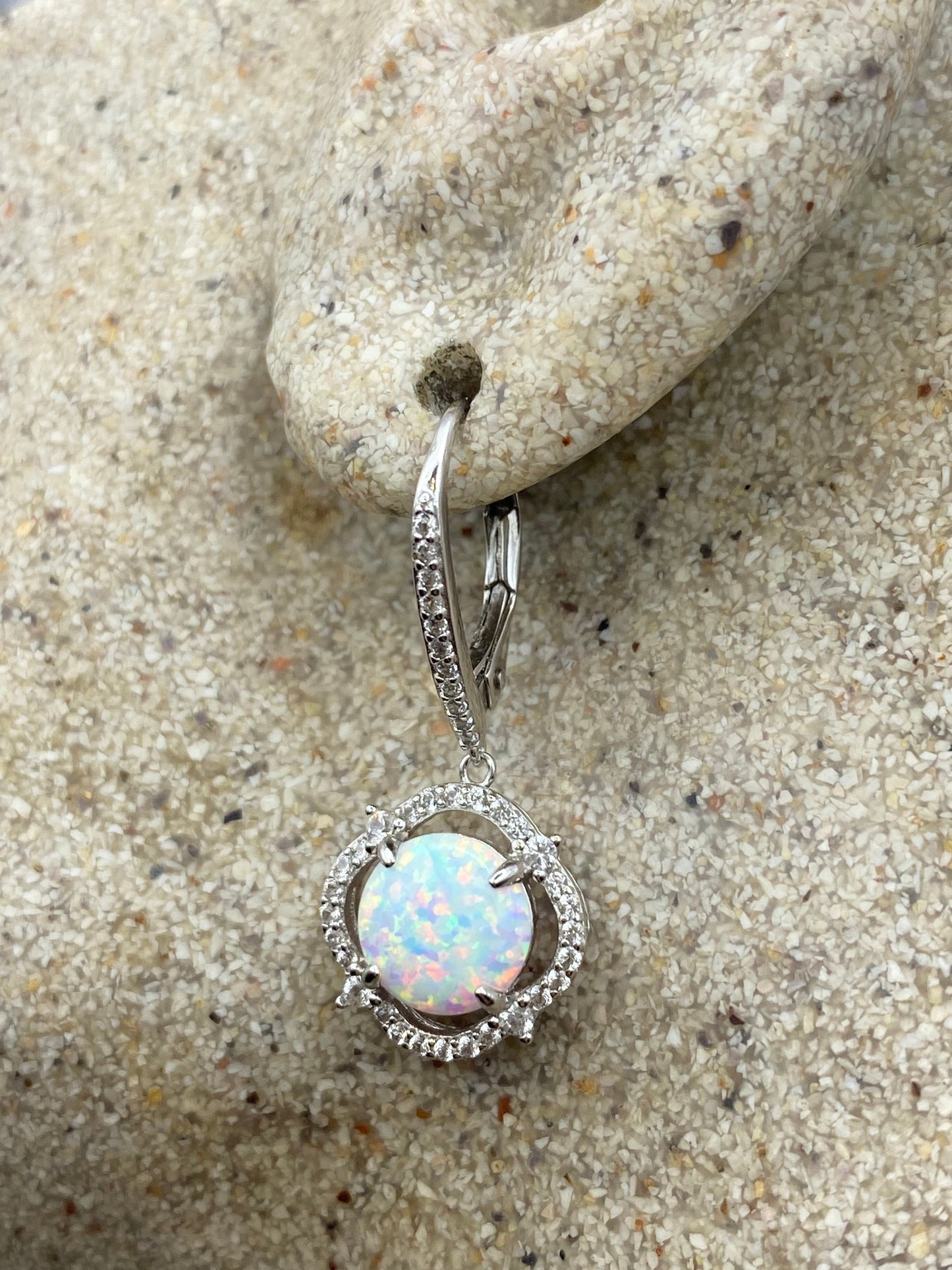 Vintage White Opal Earrings 925 Sterling Silver Leverback Dangle