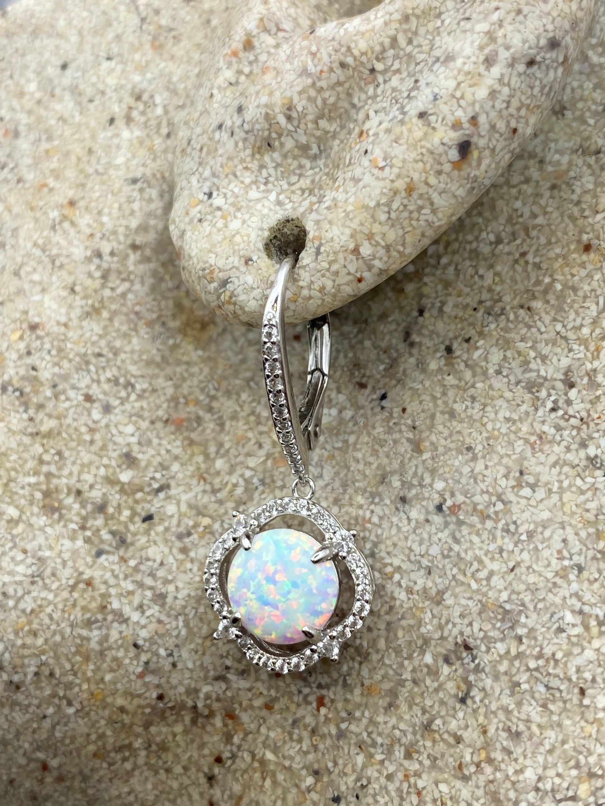 Vintage White Opal Earrings 925 Sterling Silver Leverback Dangle