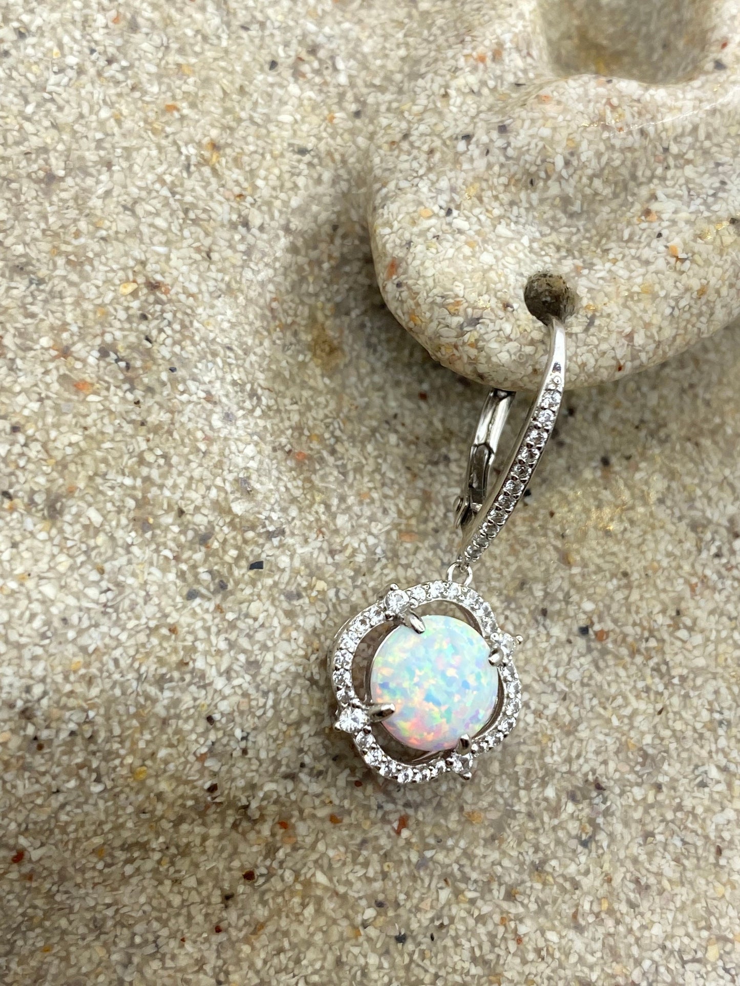 Vintage White Opal Earrings 925 Sterling Silver Leverback Dangle