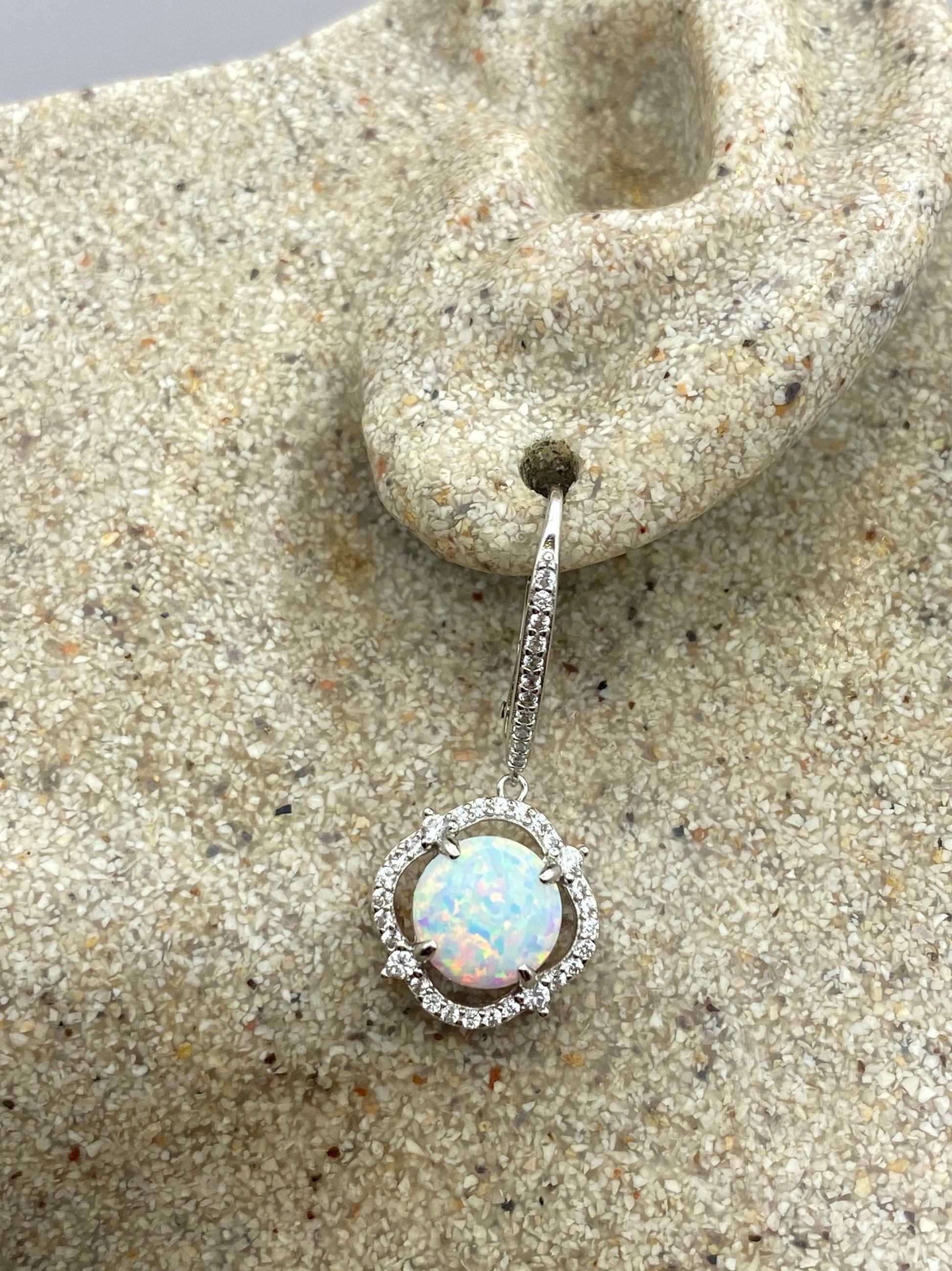 Vintage White Opal Earrings 925 Sterling Silver Leverback Dangle
