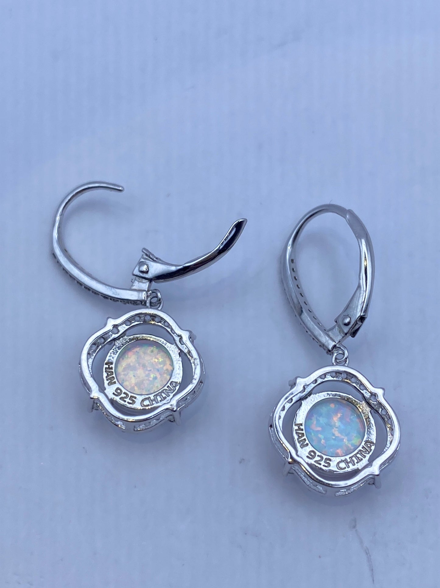 Vintage White Opal Earrings 925 Sterling Silver Leverback Dangle