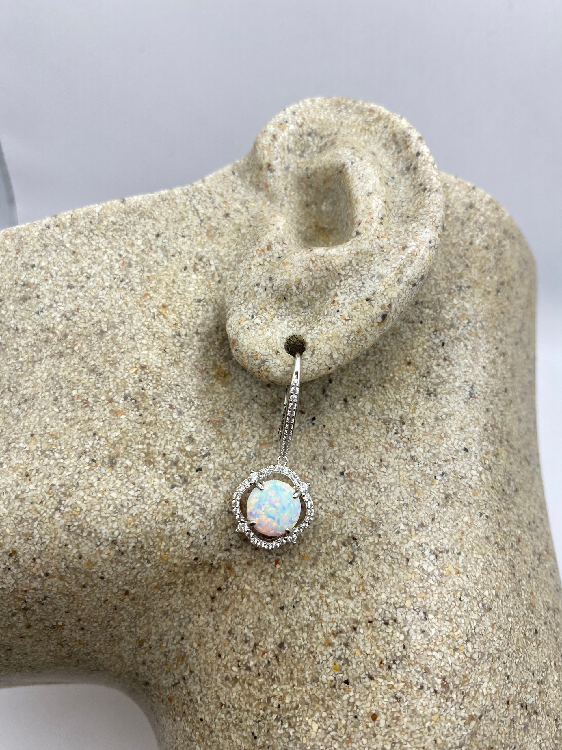 Vintage White Opal Earrings 925 Sterling Silver Leverback Dangle