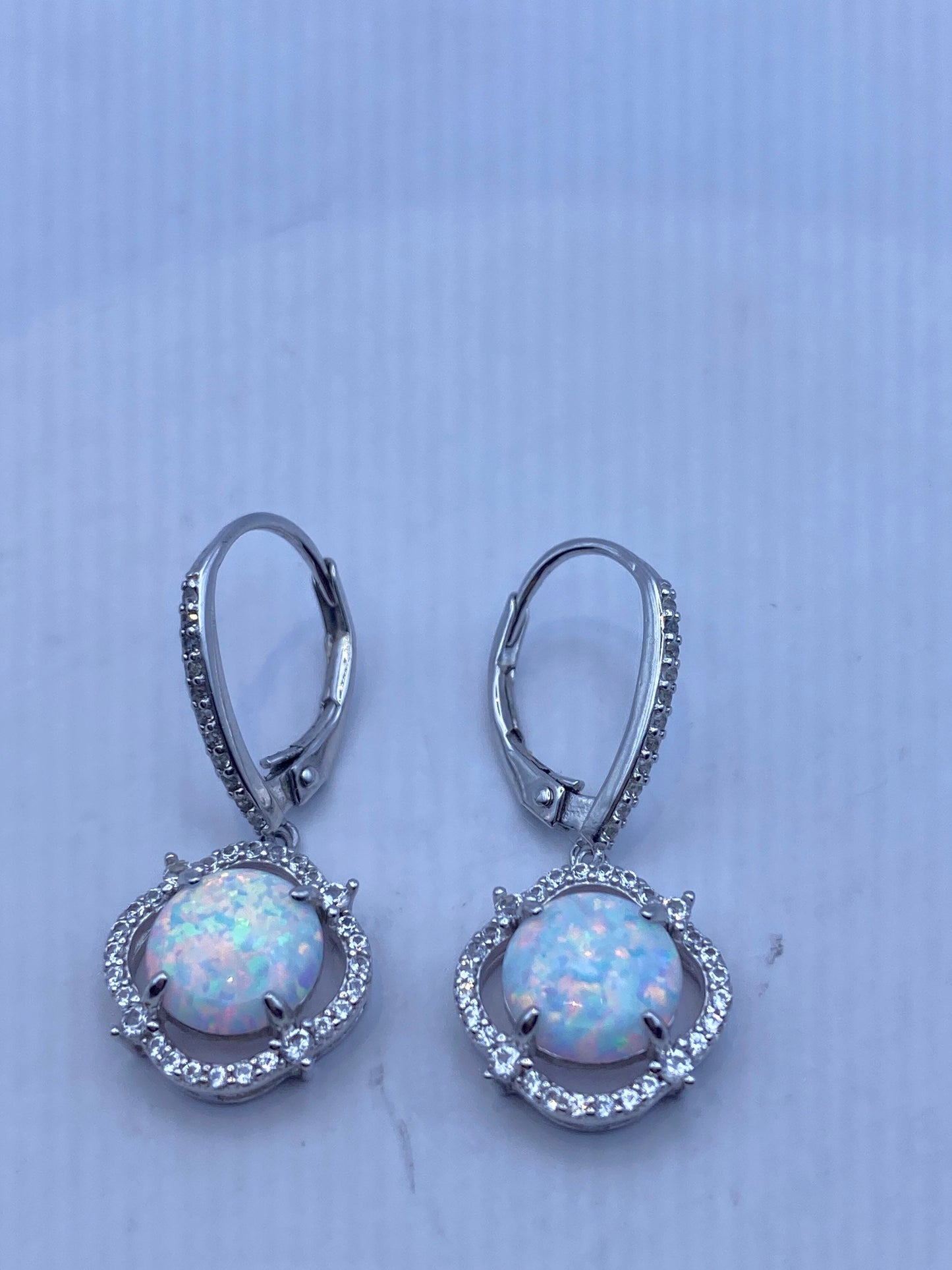 Vintage White Opal Earrings 925 Sterling Silver Leverback Dangle