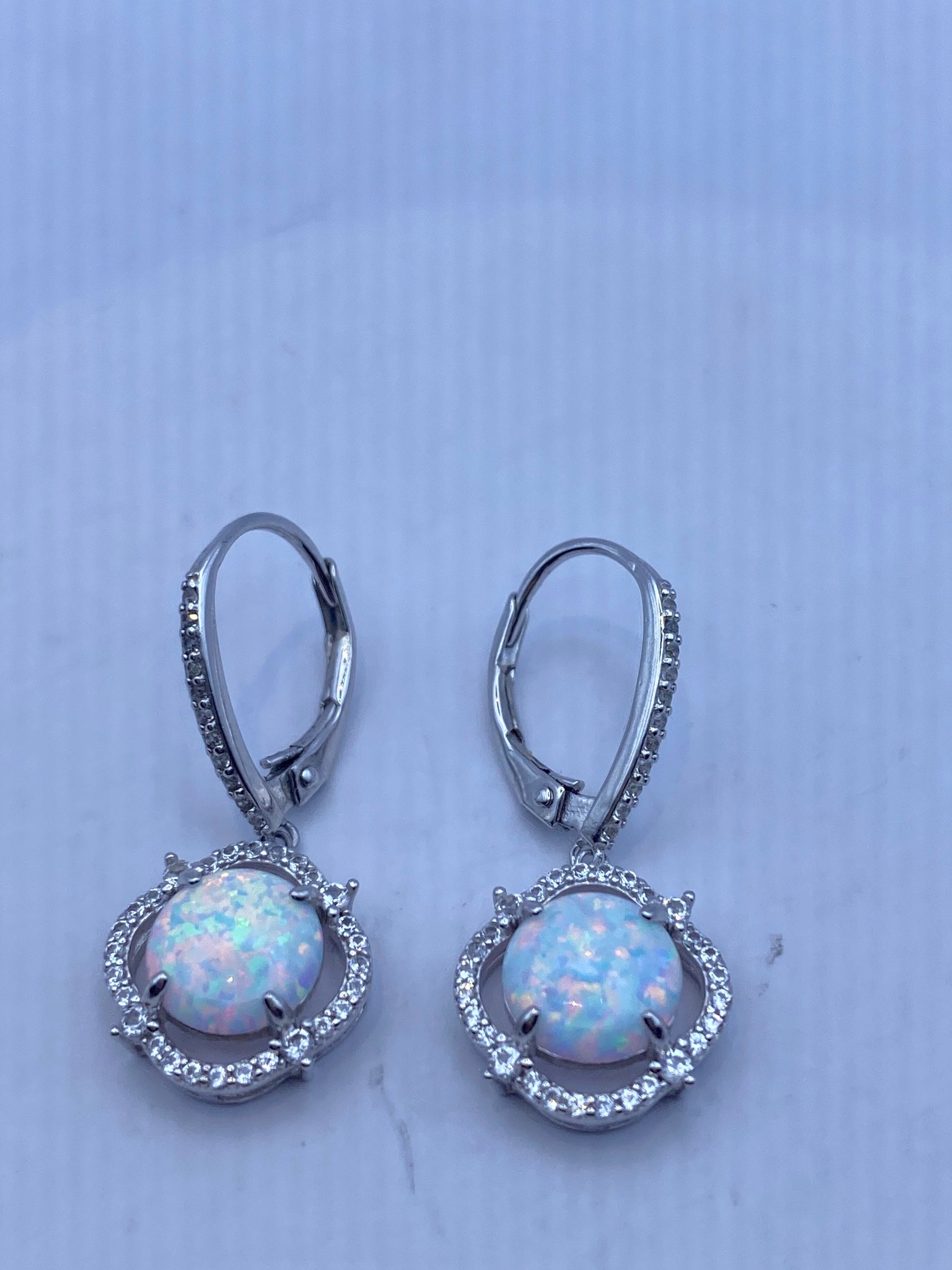 Vintage White Opal Earrings 925 Sterling Silver Leverback Dangle