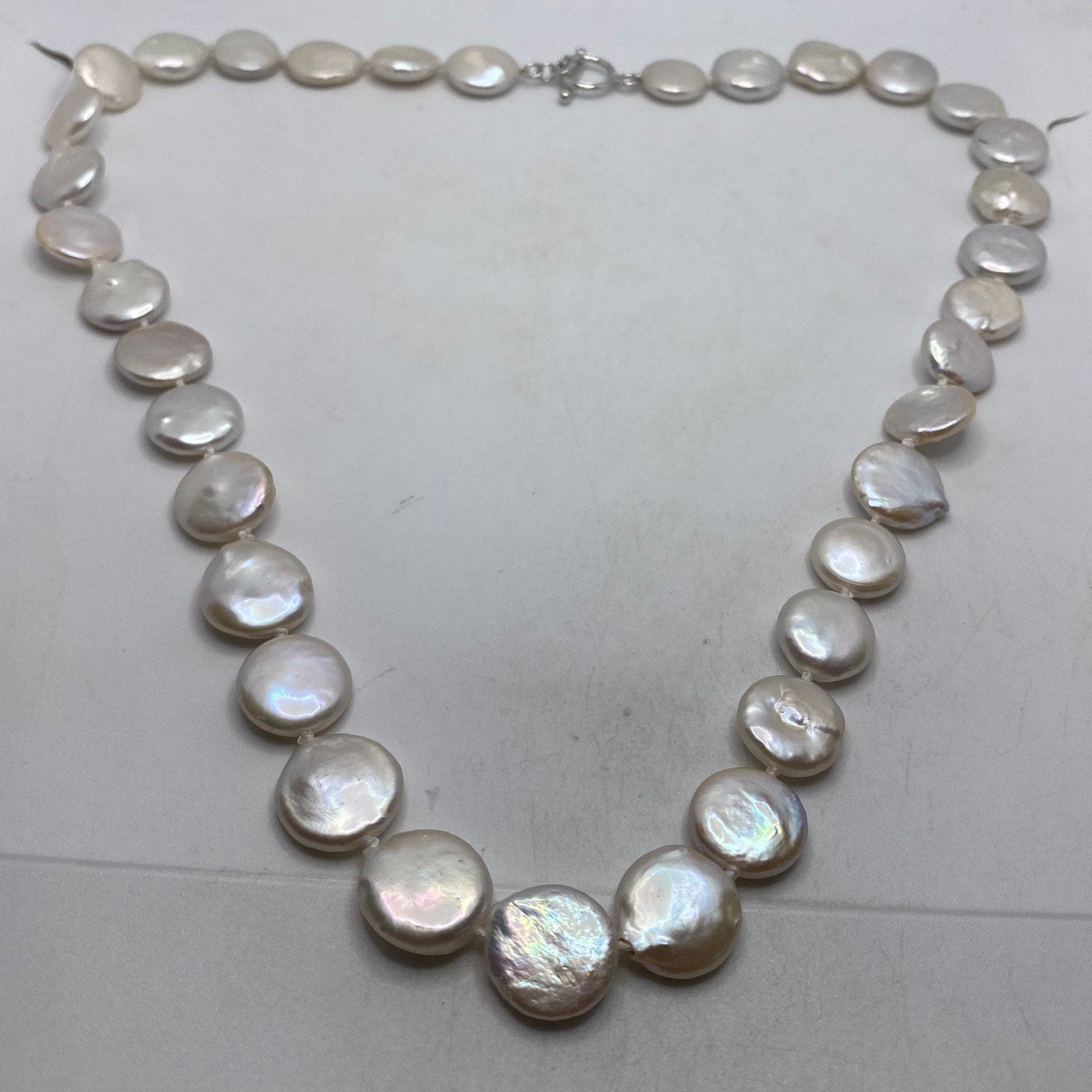 Vintage Hand Knotted Cream Coin Pearl 18 in Necklace
