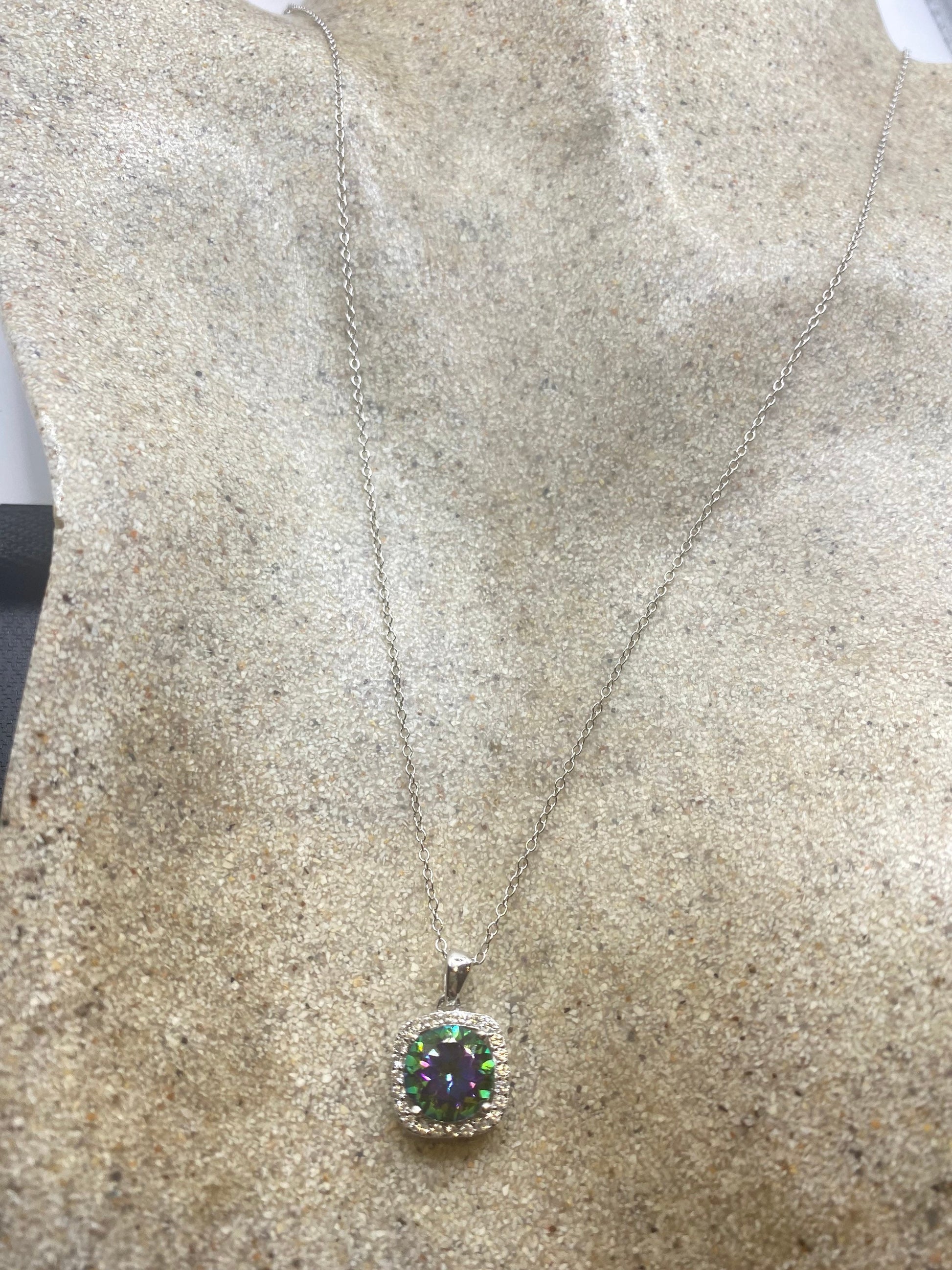 Vintage Blue Mystic Topaz 925 Sterling Silver Antique Pendant Necklace