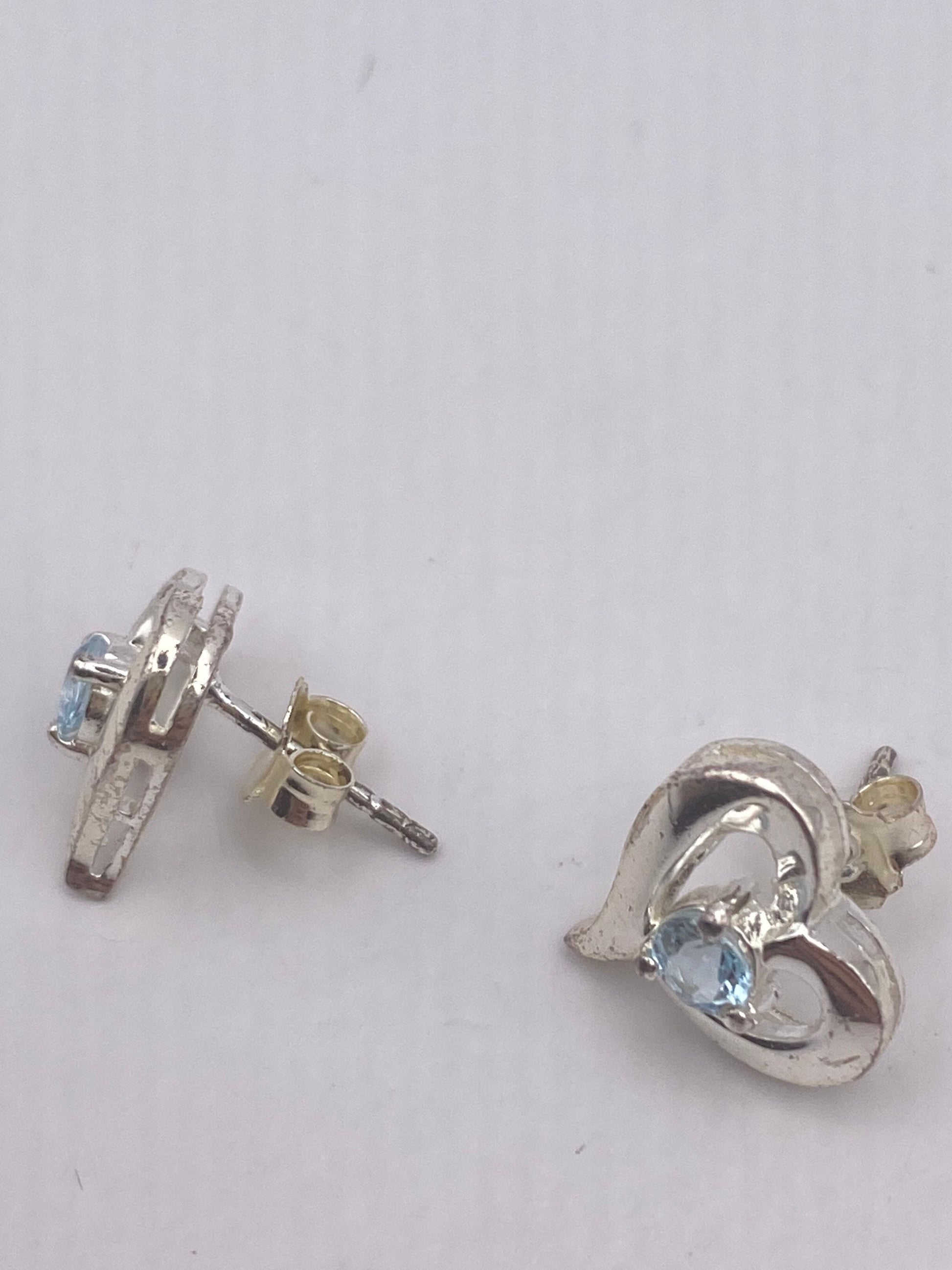 Vintage Blue Topaz Gemstone 925 Sterling Silver Stud Earrings