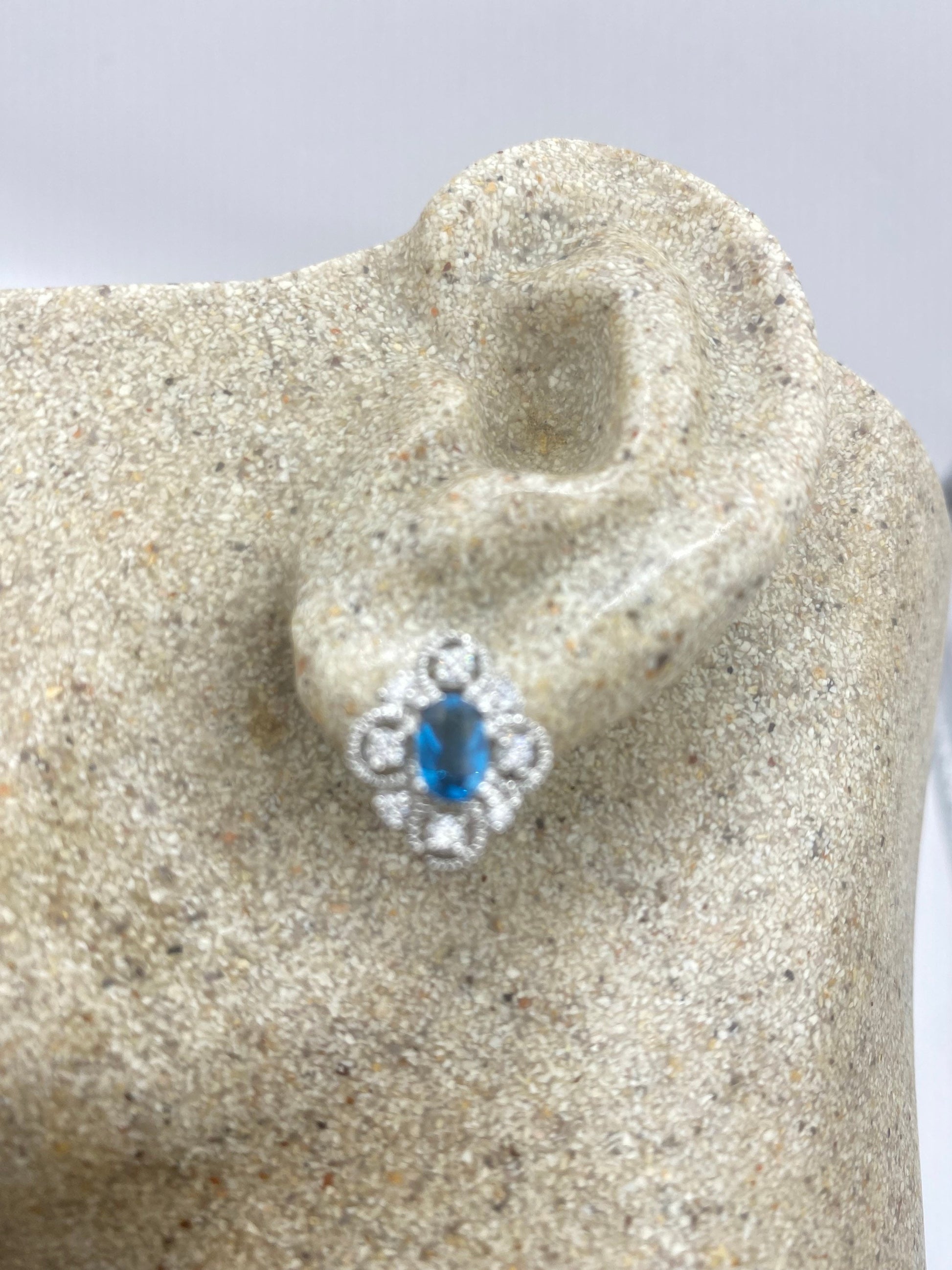 Vintage Blue Topaz Gemstone 925 Sterling Silver Stud Earrings