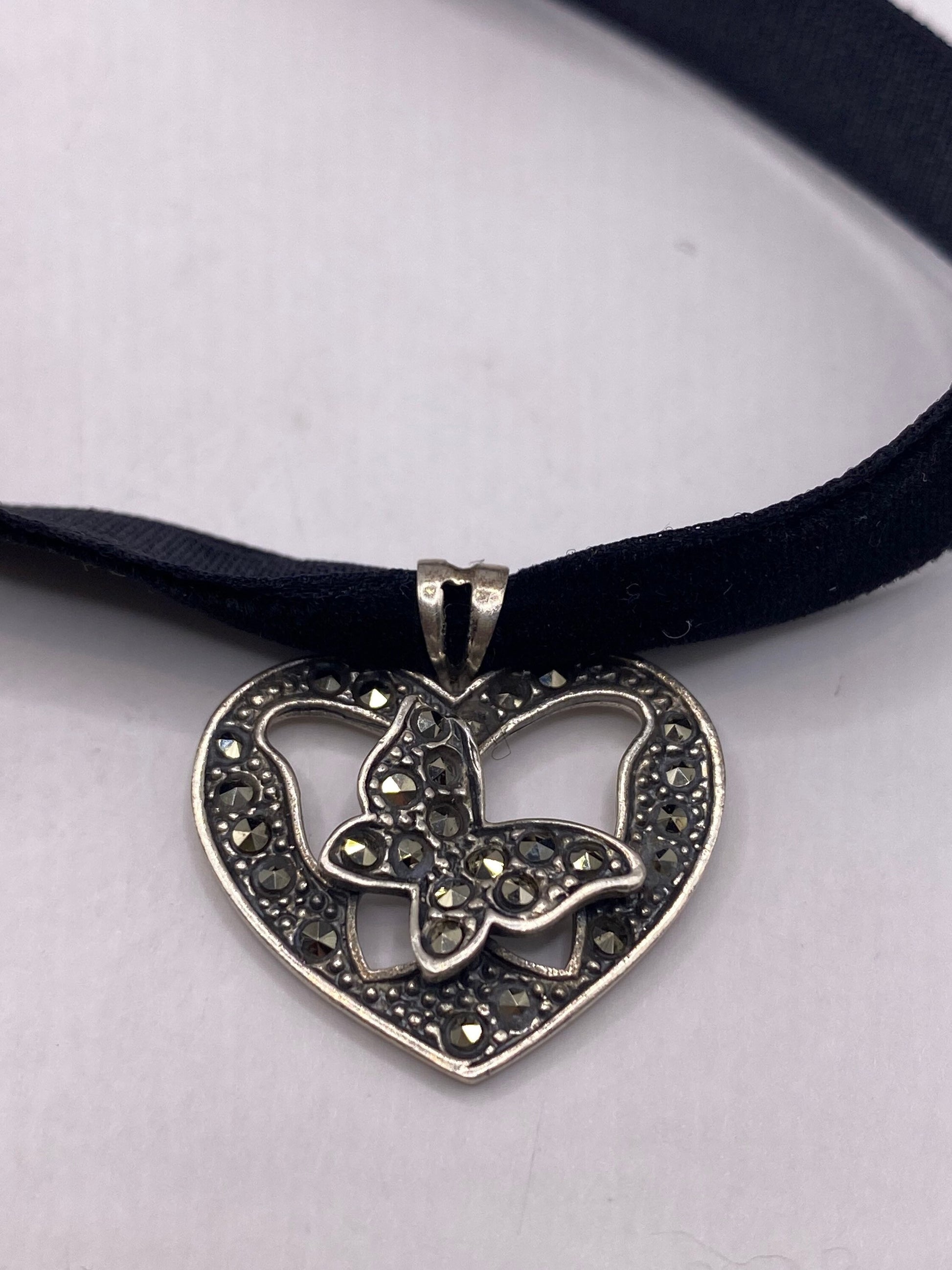 Vintage Heart Butterfly Choker 925 Sterling Silver Marcasite Pendant