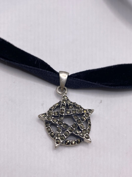 Vintage Star Choker 925 Sterling Silver Marcasite pentagle Pendant Necklace