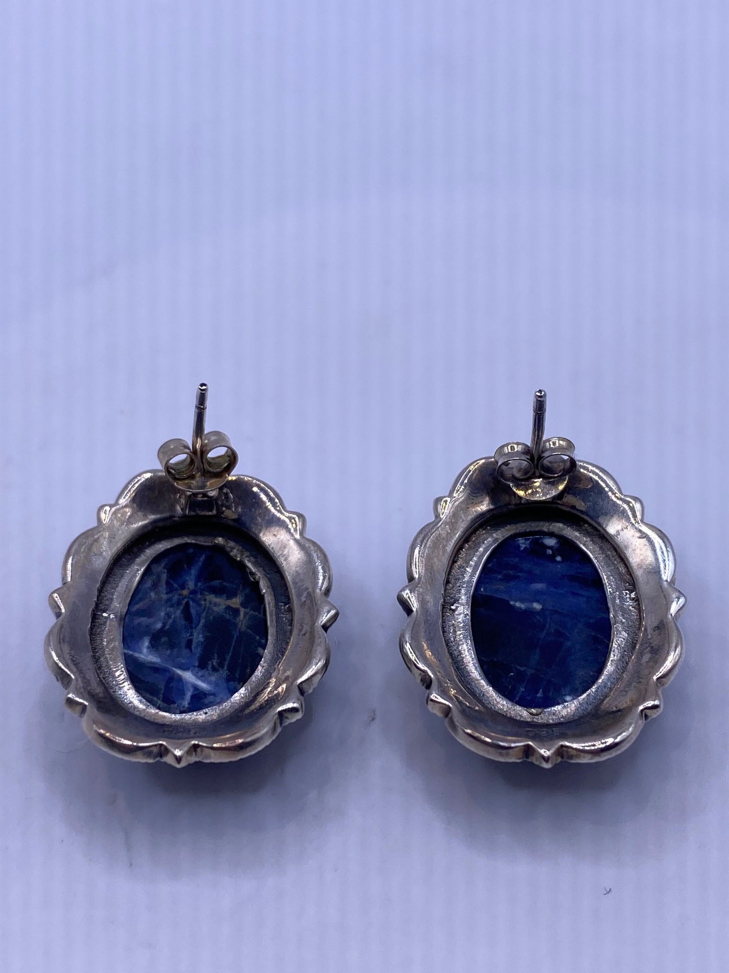 Vintage Marcasite 925 Sterling Silver Deco Blue Lapis Scarab Button Earrings