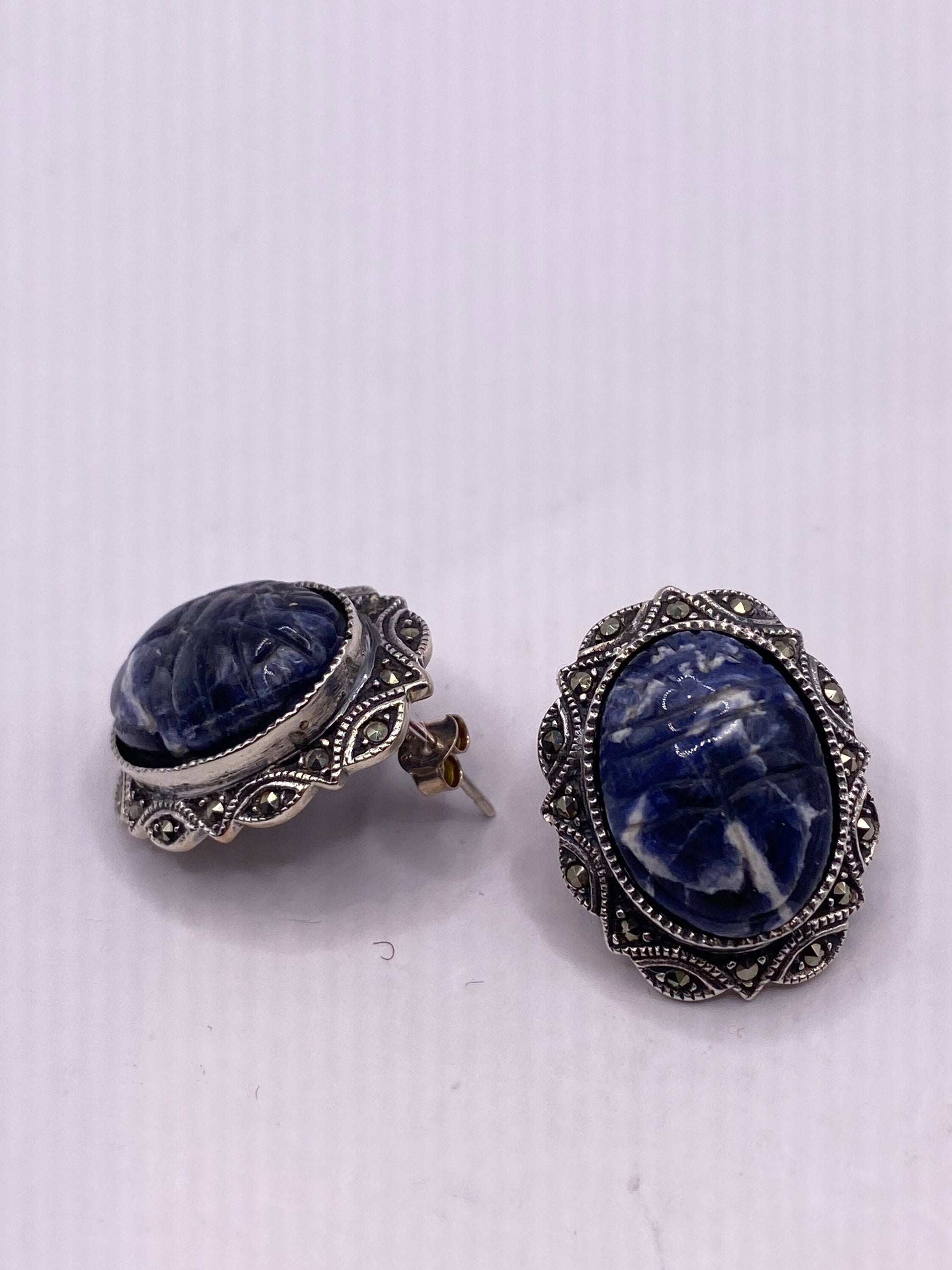 Vintage Marcasite 925 Sterling Silver Deco Blue Lapis Scarab Button Earrings