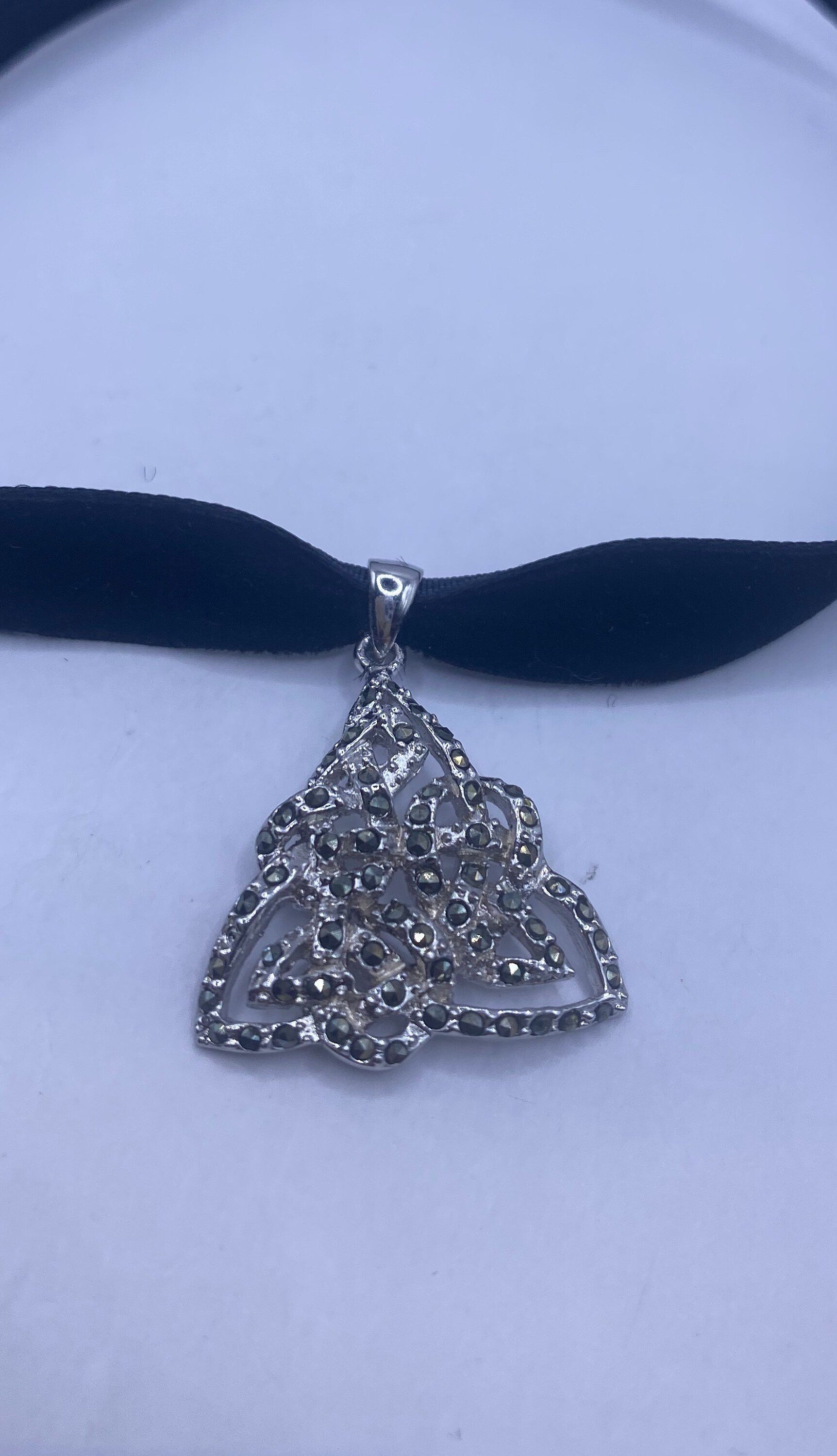 Vintage Marcasite Celtic Knott 925 Sterling Silver Pendant Necklace