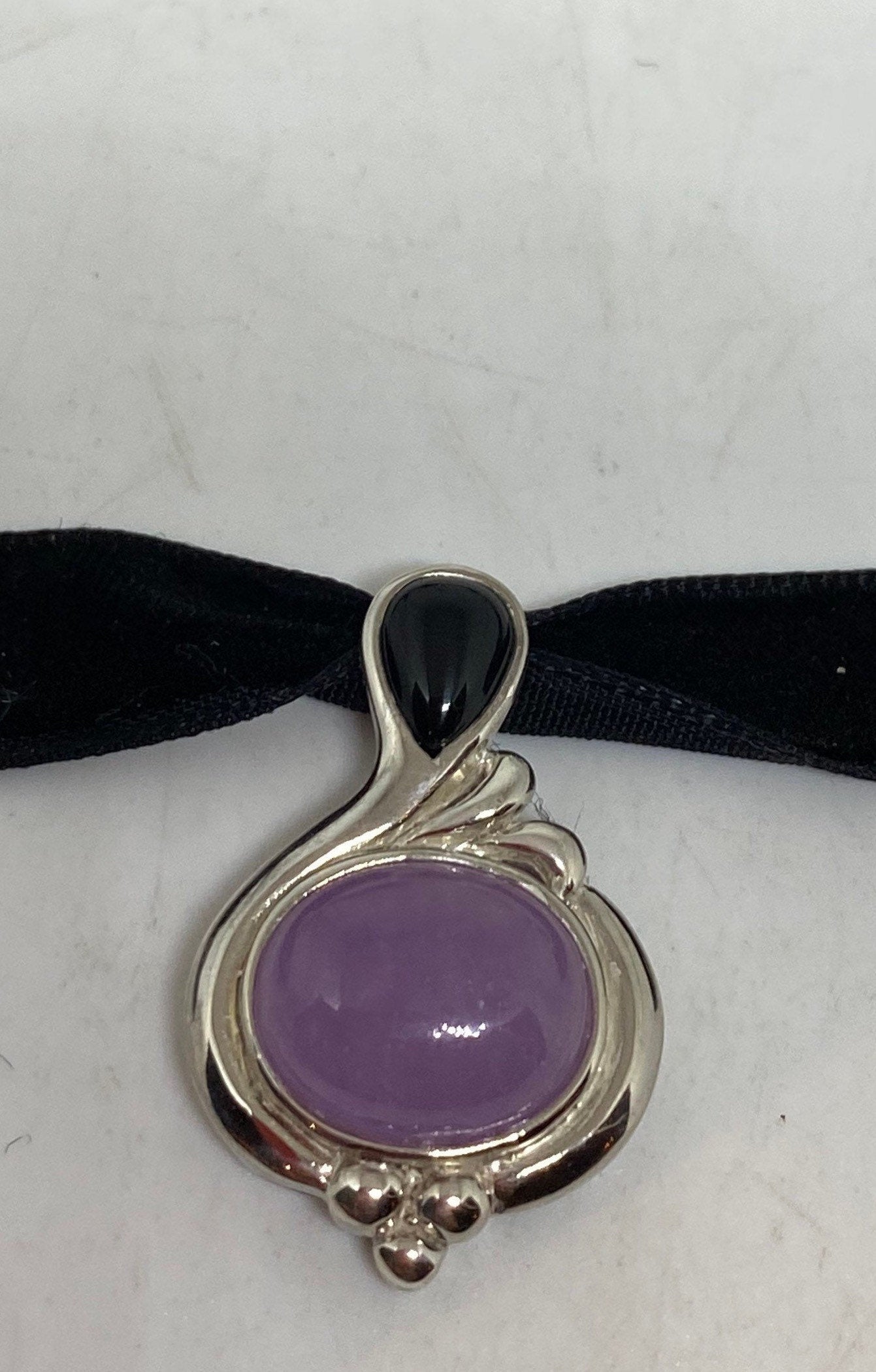 Vintage Purple Jade Choker 925 Sterling Silver Pendant Necklace