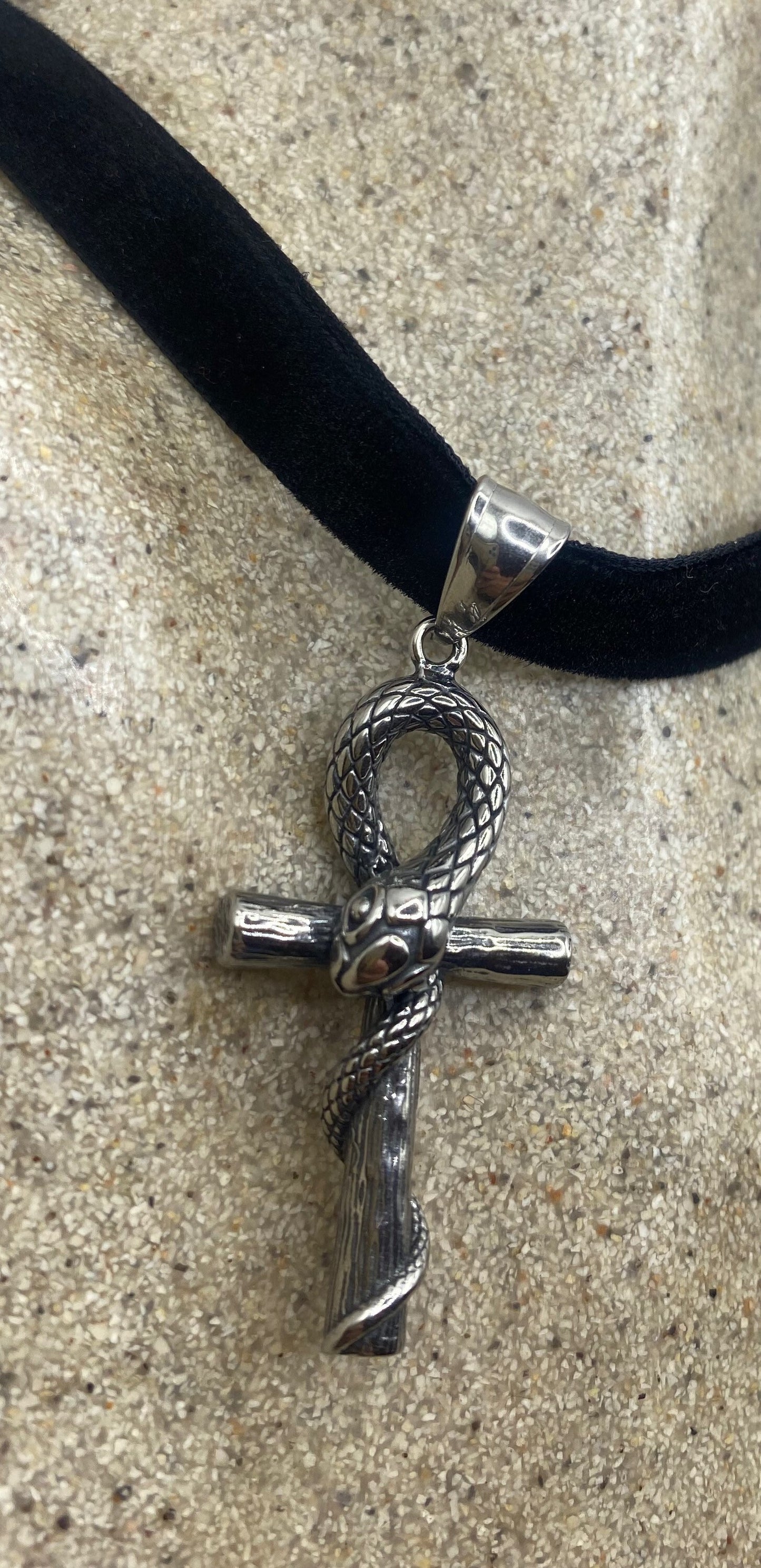 Vintage Stainless Steel Snake Ankh Pendant Necklace