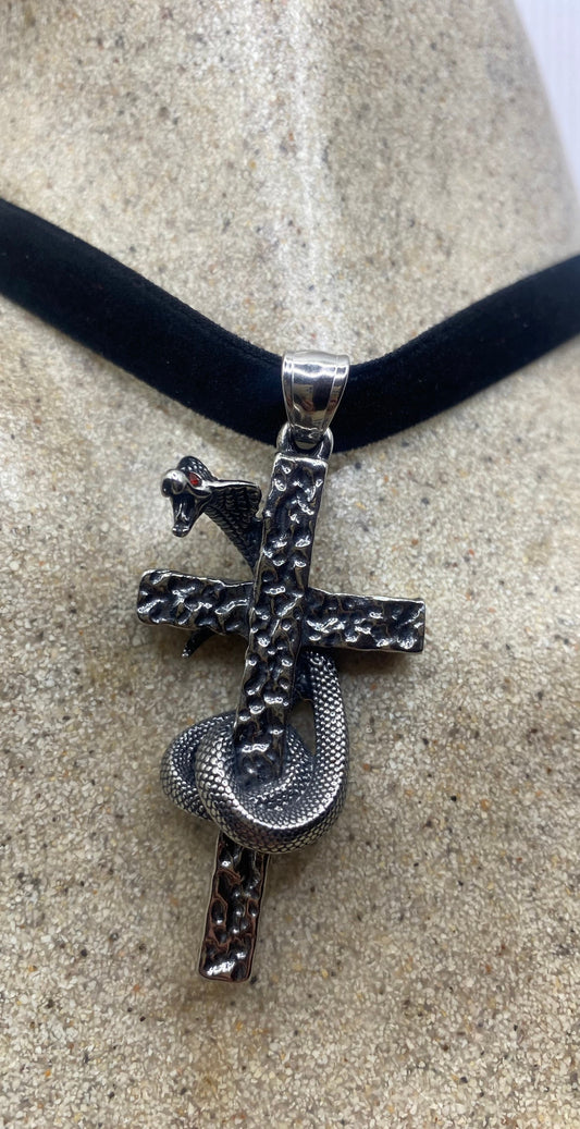 Vintage Stainless Steel Cobra Snake Cross Pendant Necklace