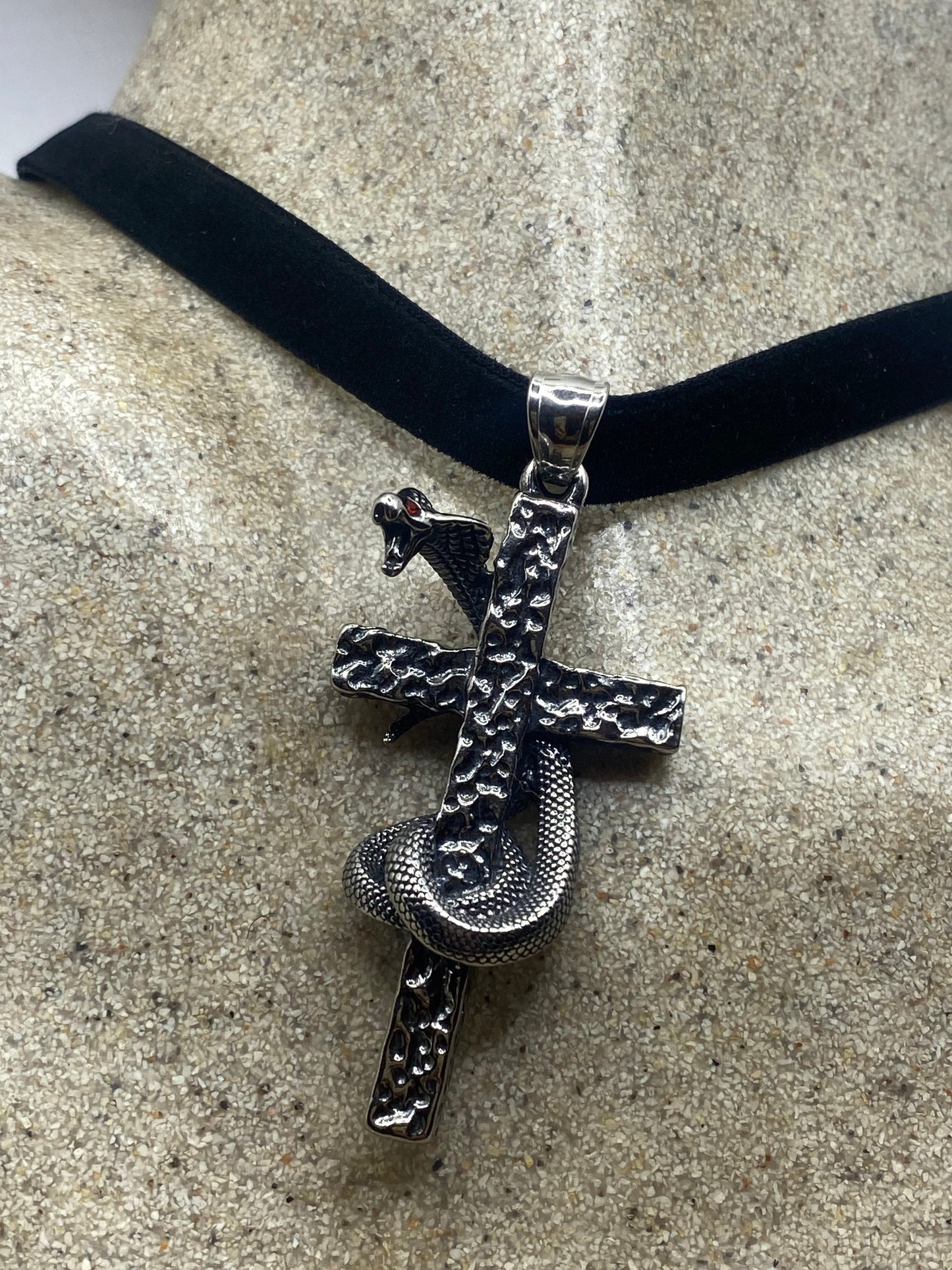 Vintage Stainless Steel Cobra Snake Cross Pendant Necklace