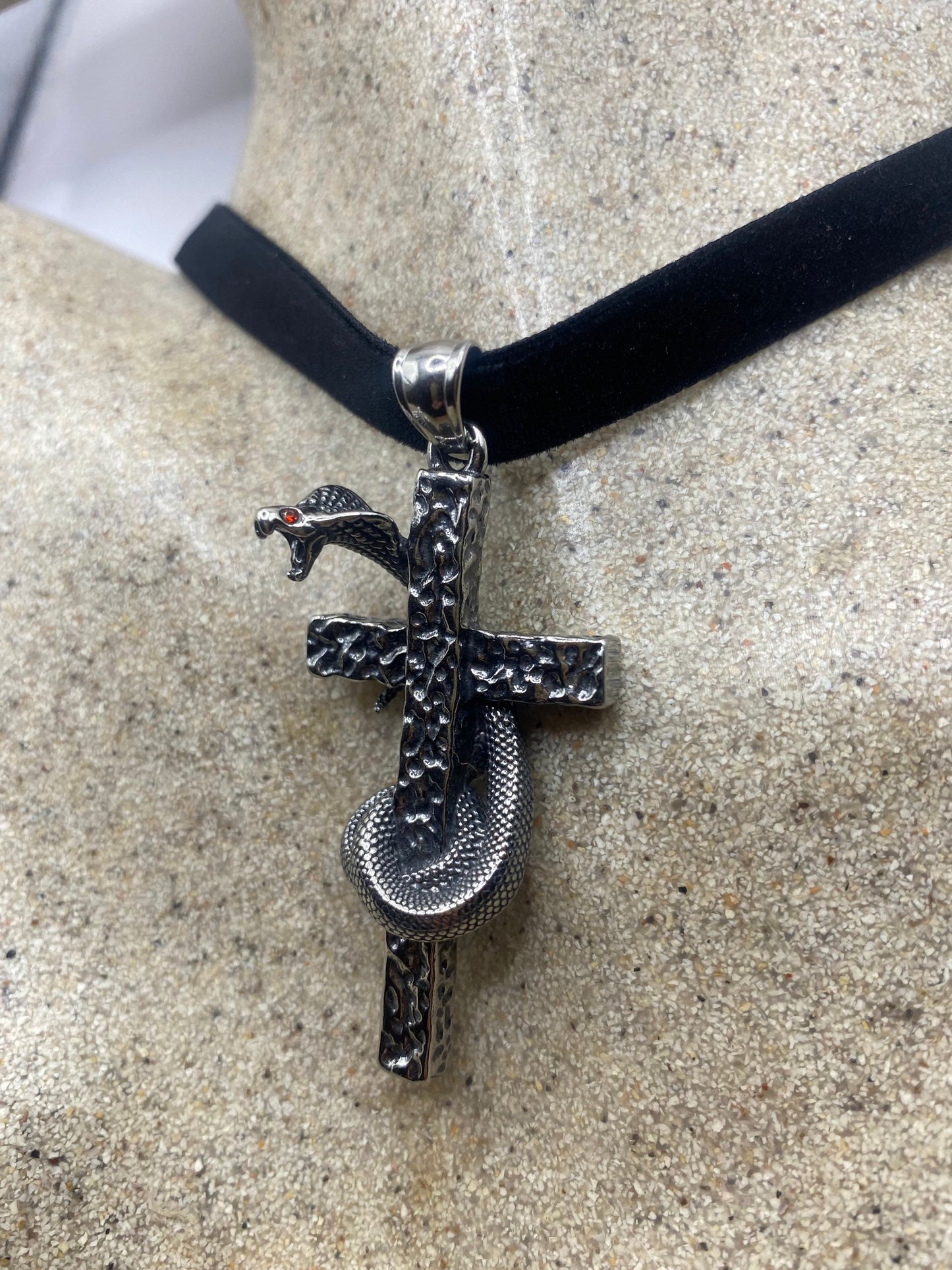 Vintage Stainless Steel Cobra Snake Cross Pendant Necklace