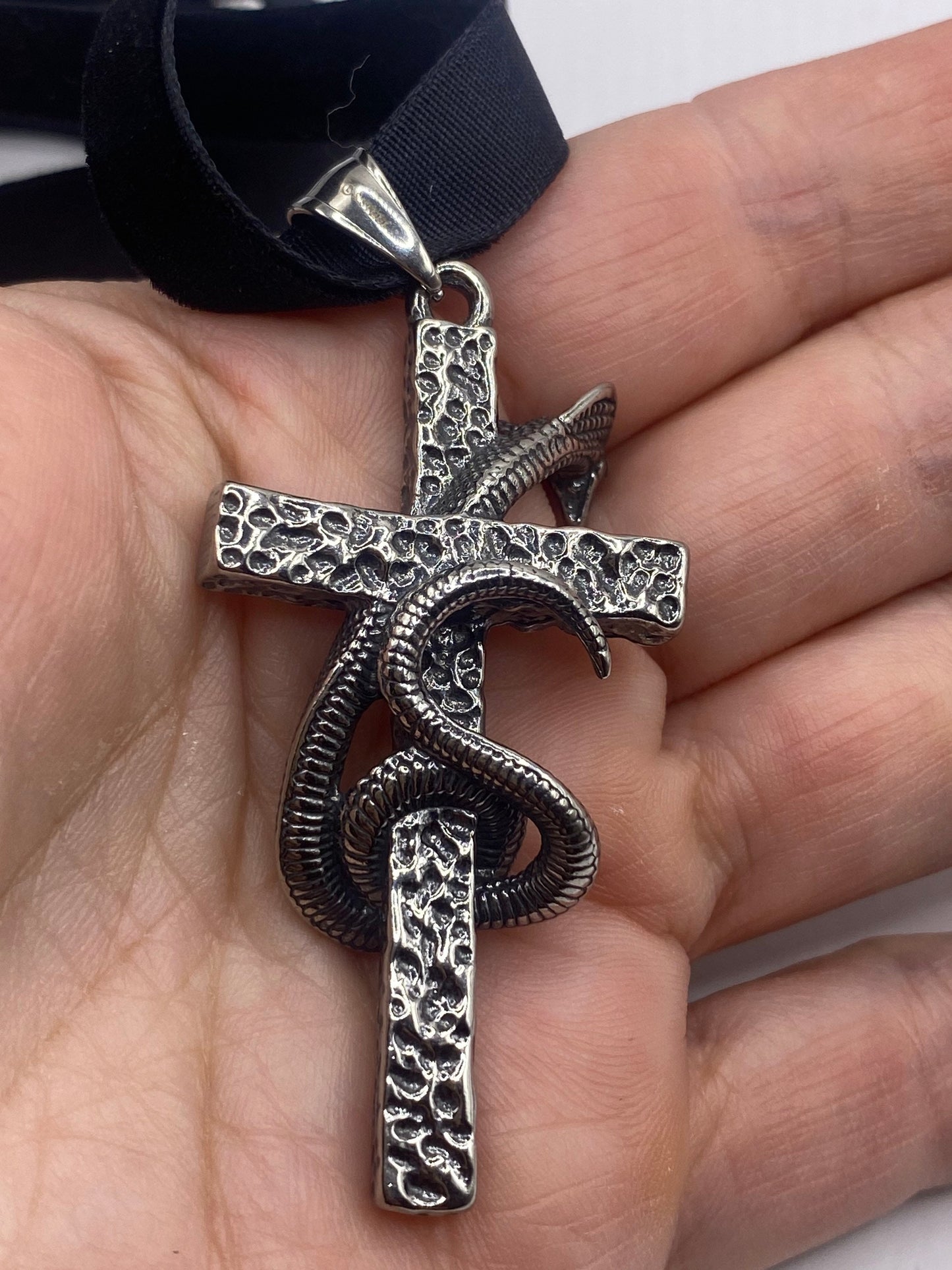 Vintage Stainless Steel Cobra Snake Cross Pendant Necklace