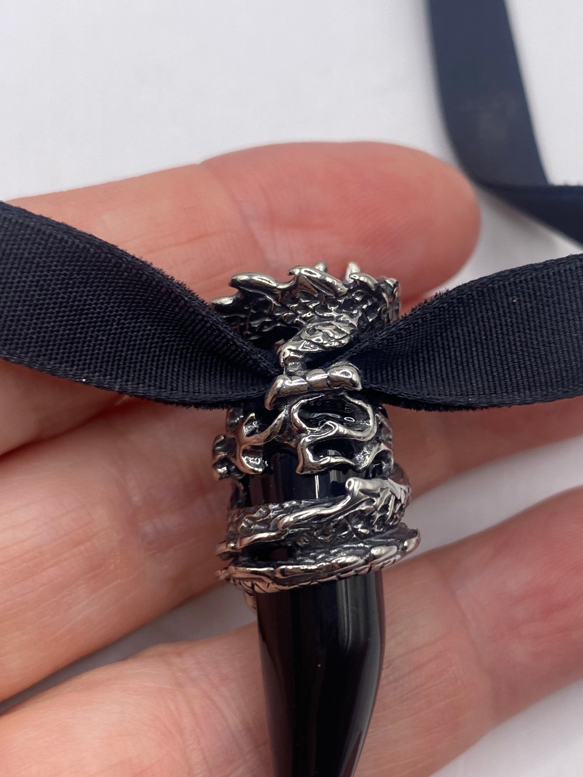 Vintage Stainless Steel Black Onyx Dragon Amulet Pendant