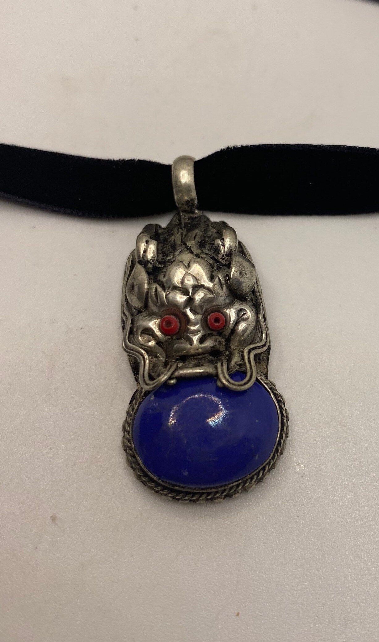 Vintage Tibetan Lapis Dragon Black Velvet Choker Necklace.