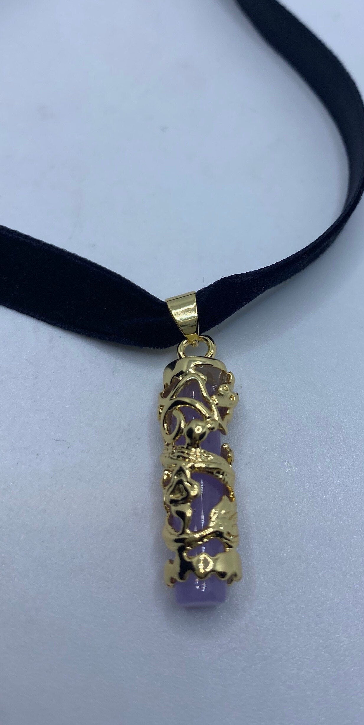 Vintage Lavender Jade Choker Gold Finish Dragon Necklace Pendant