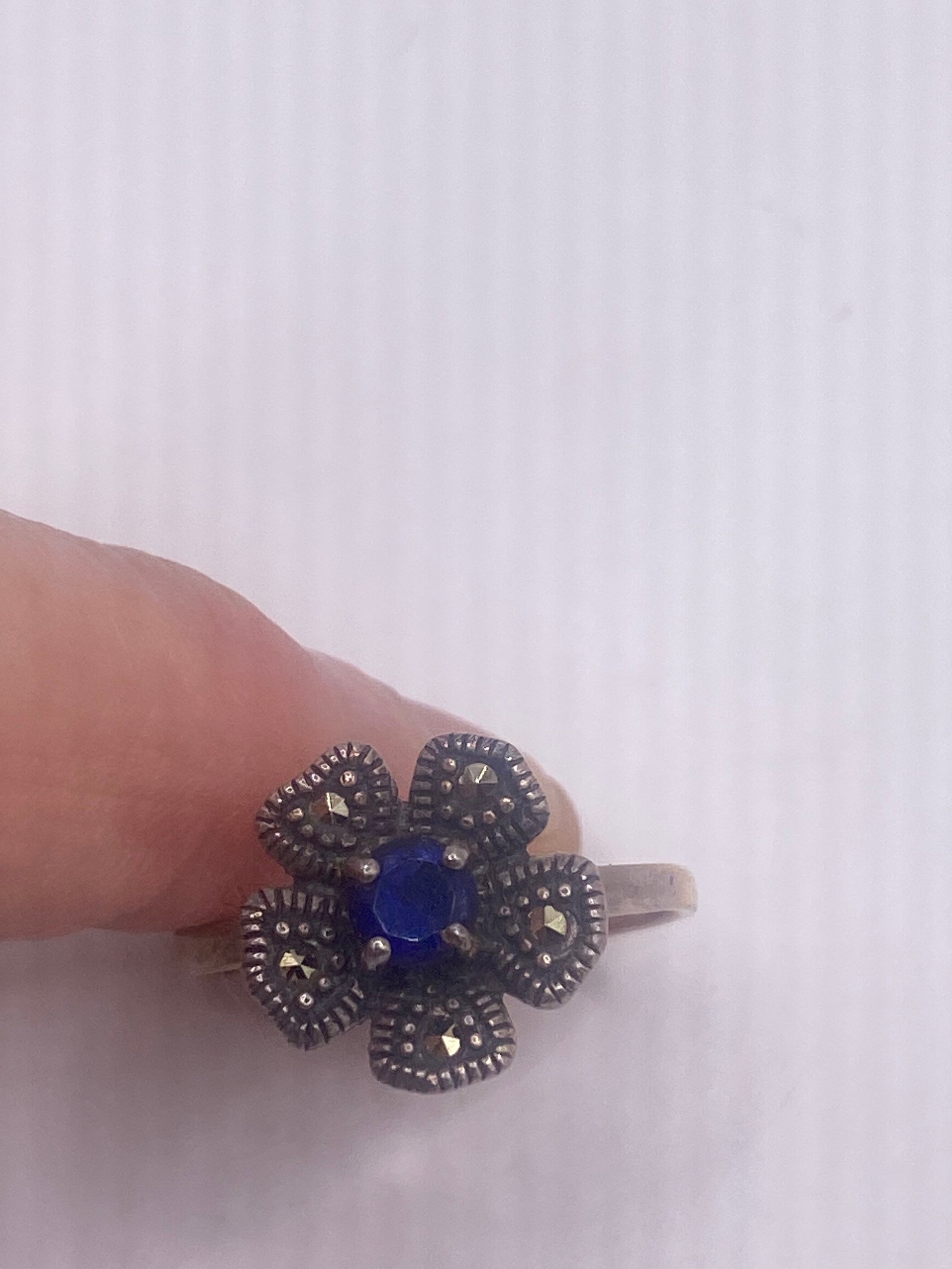 Vintage Blue Iolite Marcasite 925 Sterling Silver Ring Size 7