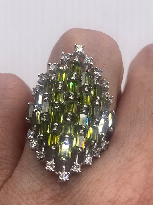Vintage Green Cubic Zirconia Crystal Sterling Silver Ring Size 6.5