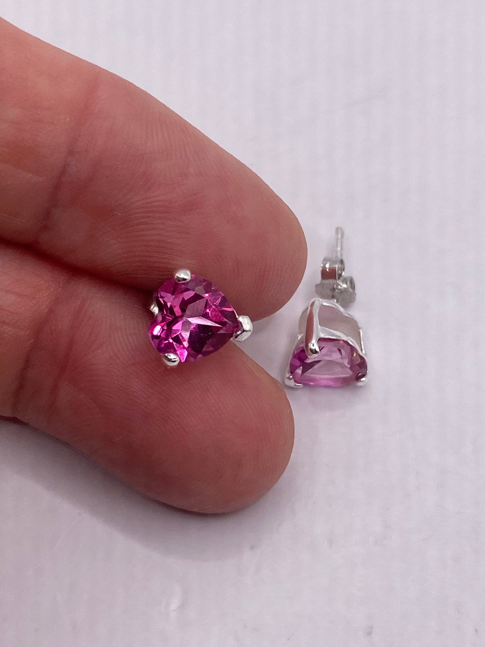 Vintage Heart Earrings Pink Sapphire 925 Sterling Silver Deco Button