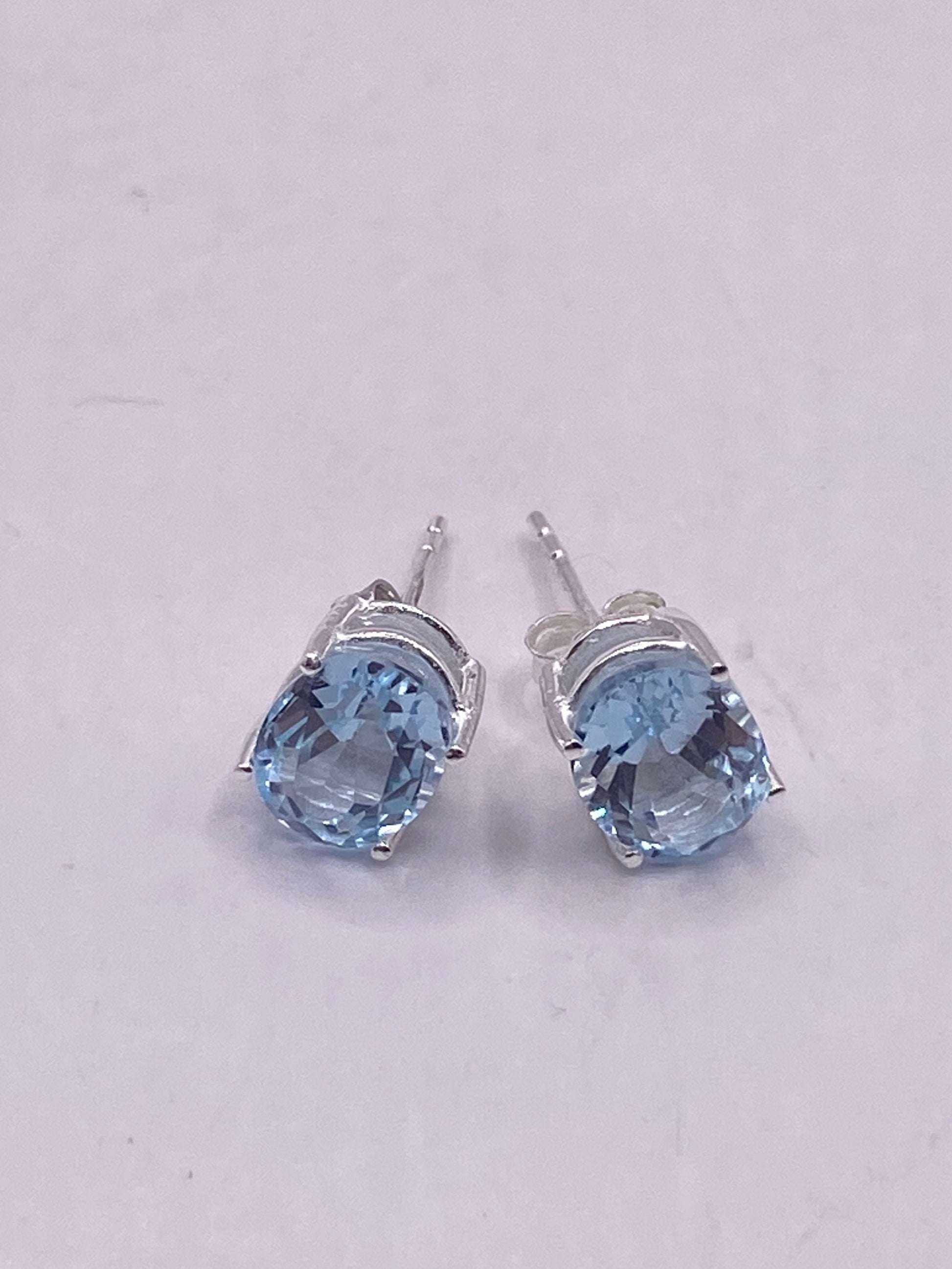 Vintage Blue Topaz Gemstone 925 Sterling Silver Stud Earrings