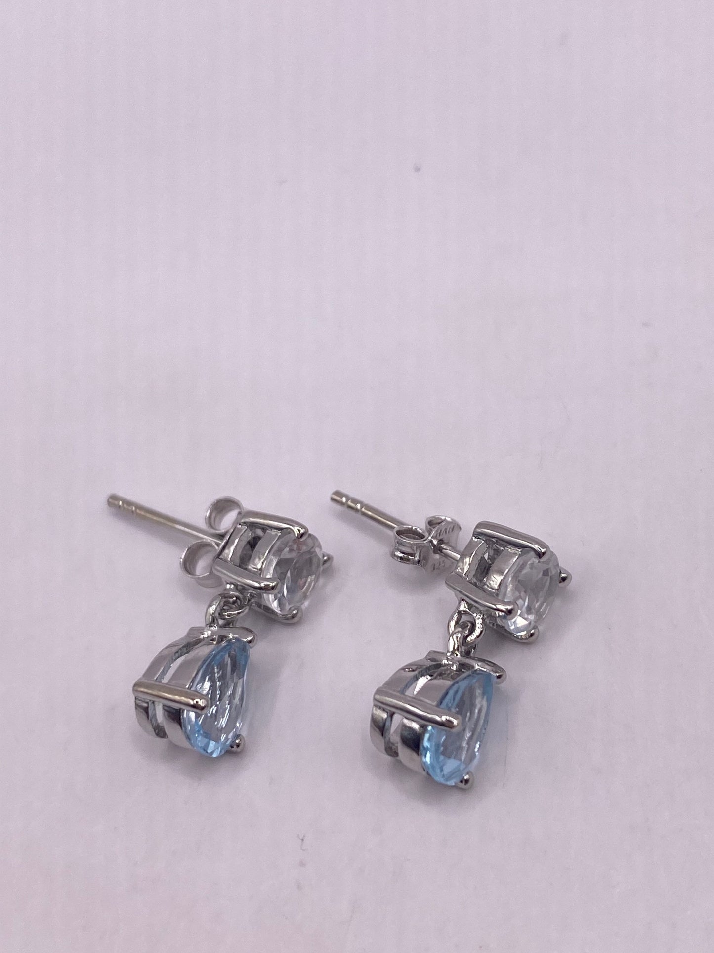 Vintage Blue Topaz White Sapphire 925 Sterling Silver Drop Earrings